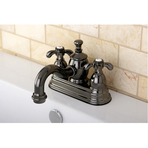 Kingston Brass NS7100TX Water Onyx 4 inch Centerset Lavatory Faucet with Cross Handles and Brass Pop up Drain in Black Nickel-Bathroom Faucets-Free Shipping-Directsinks.