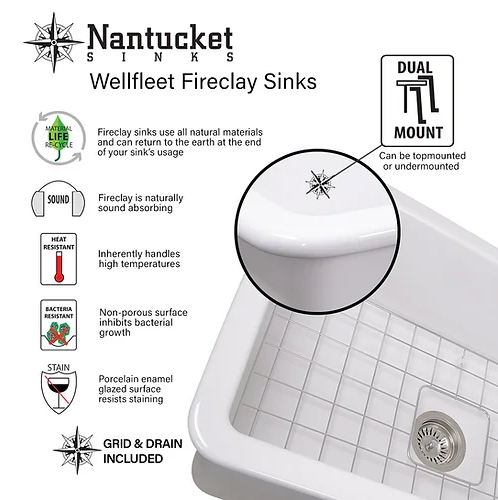 Nantucket Sinks 27" Undermount Fireclay Kitchen Sink Wellfleet-2719W