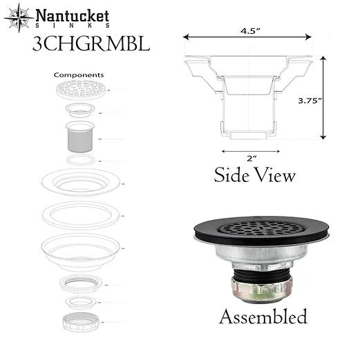 Nantucket Sinks 3-Inch Utility Sink Grid Drain | Matte Black