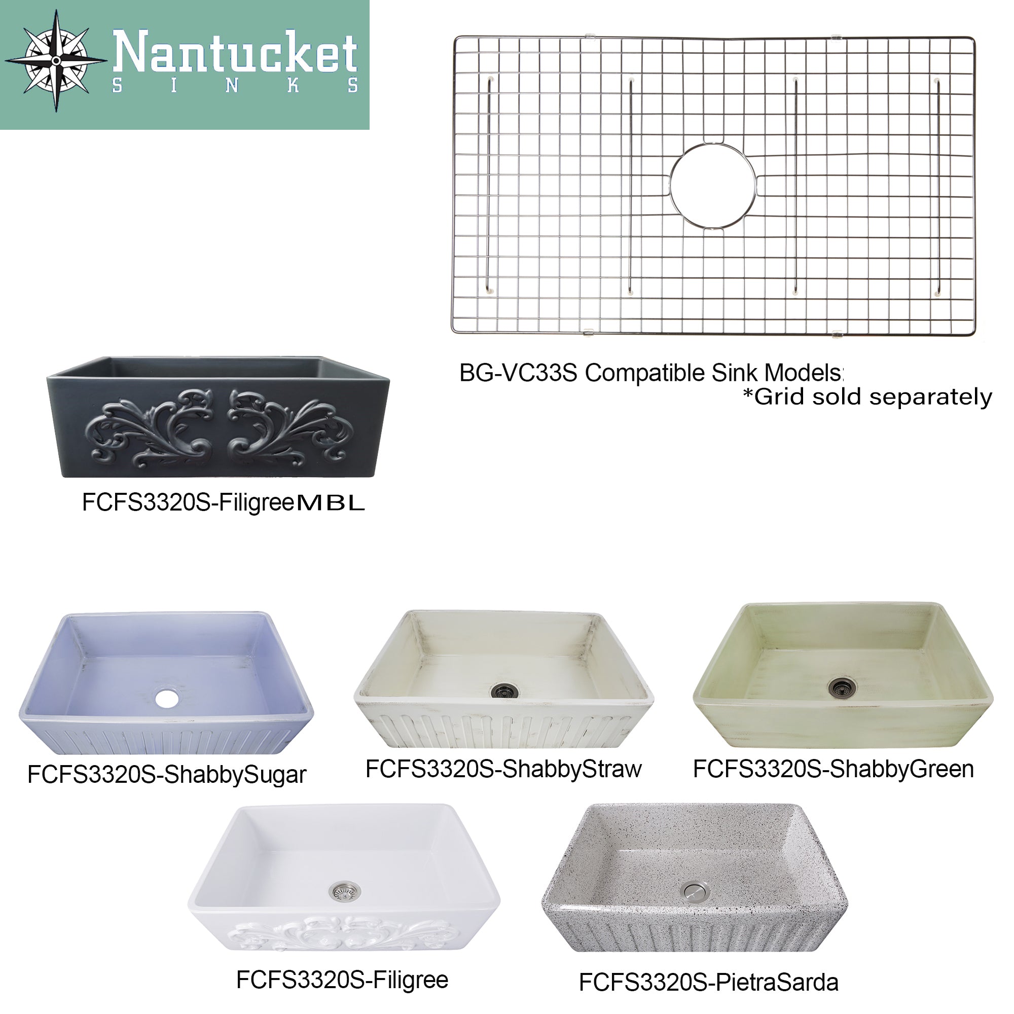Nantucket Sinks 33" Farmhouse Fireclay Sink with Filigree Apron
