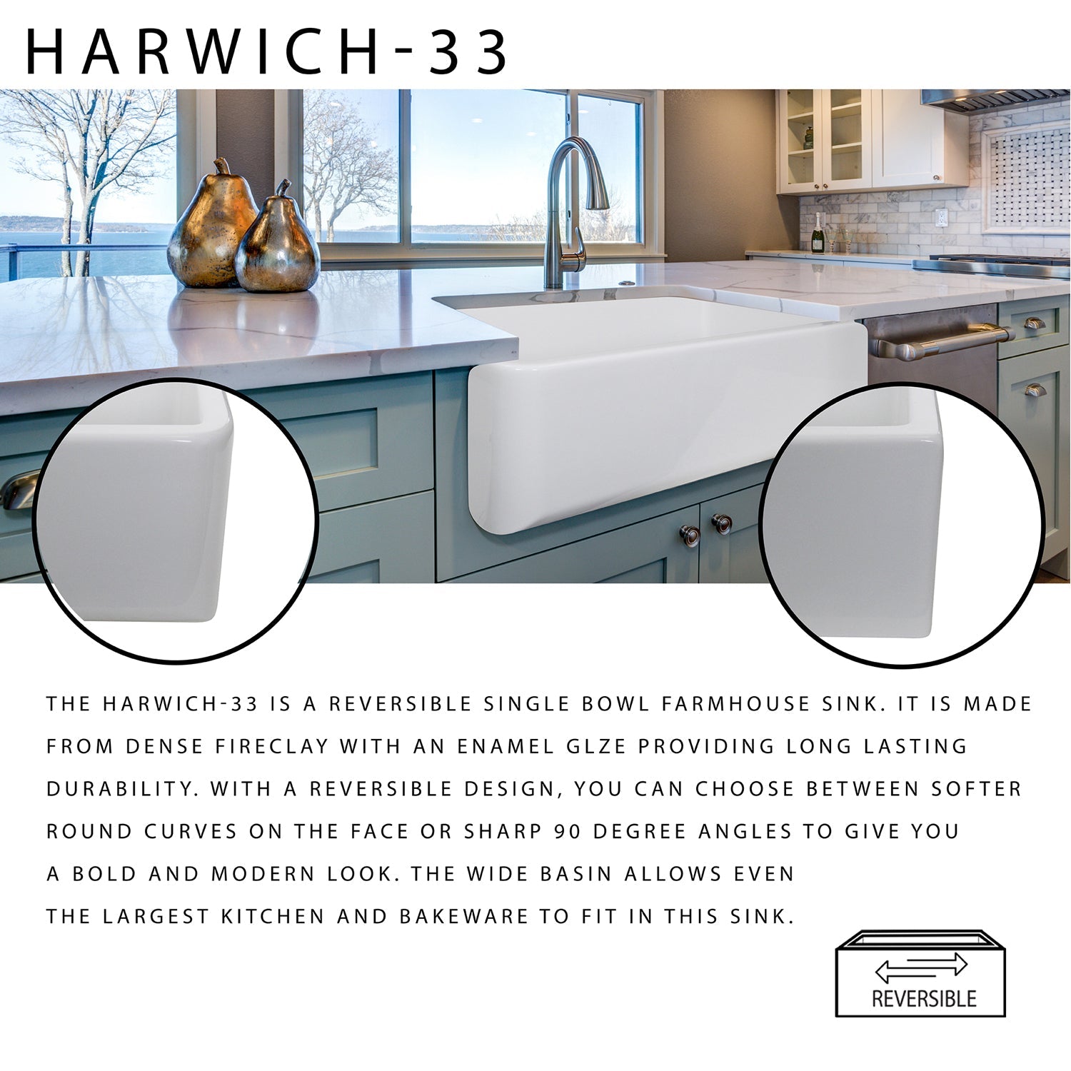 Nantucket Sinks Reversible 33" Italian Fireclay Farmhouse Sink