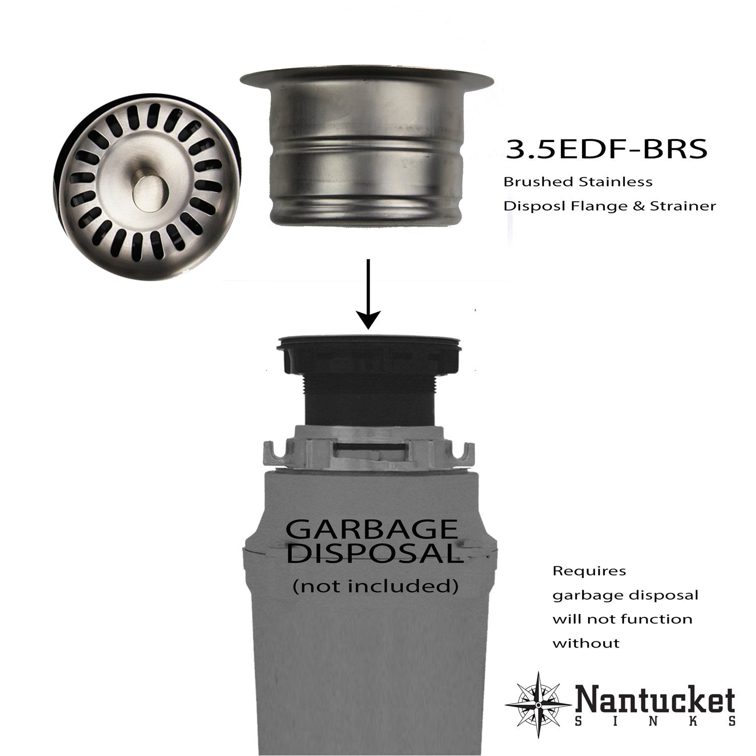 Nantucket Sink 3.5" Extended Flange Disposal Kitchen Drain in Brushed Stainless