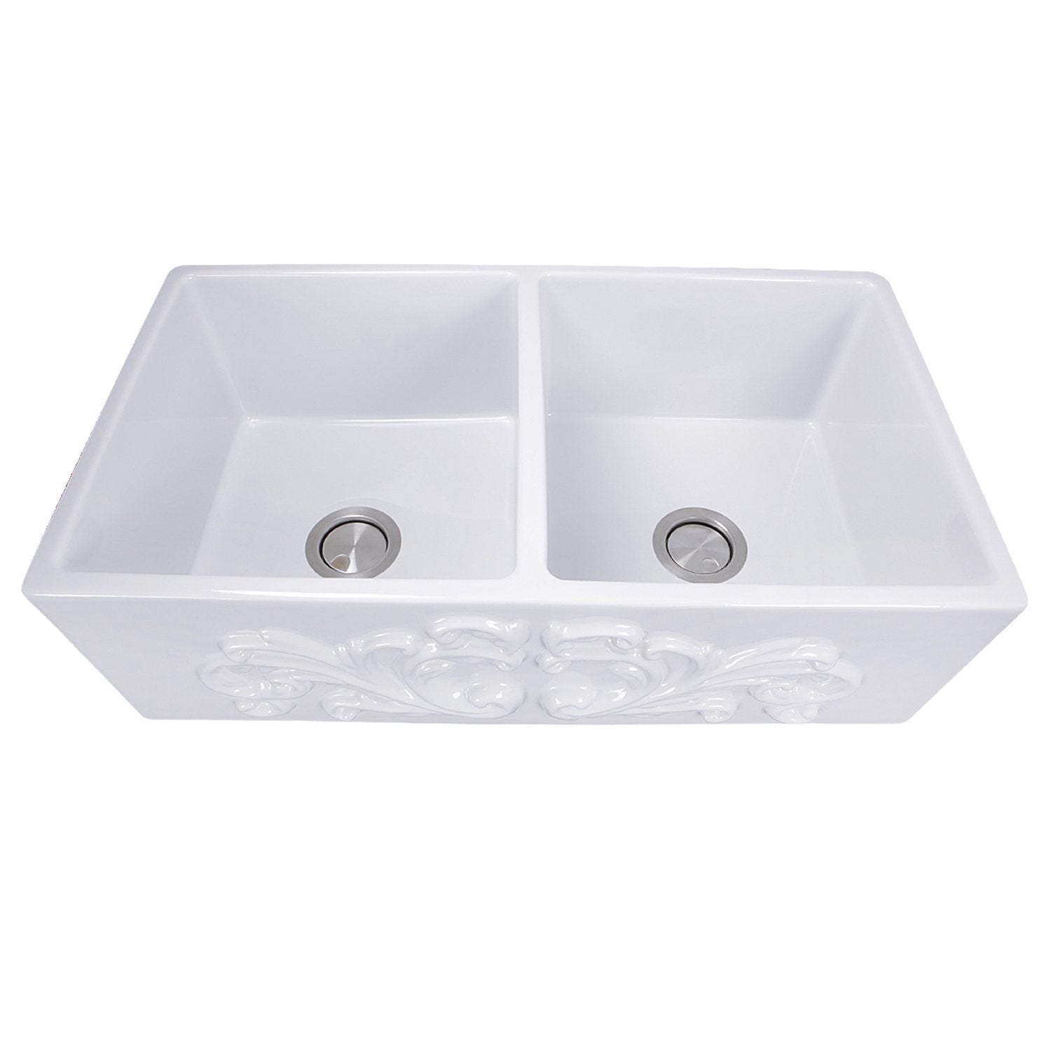 Nantucket Sinks Double Bowl Farmhouse Fireclay Sink with Filigree Apron