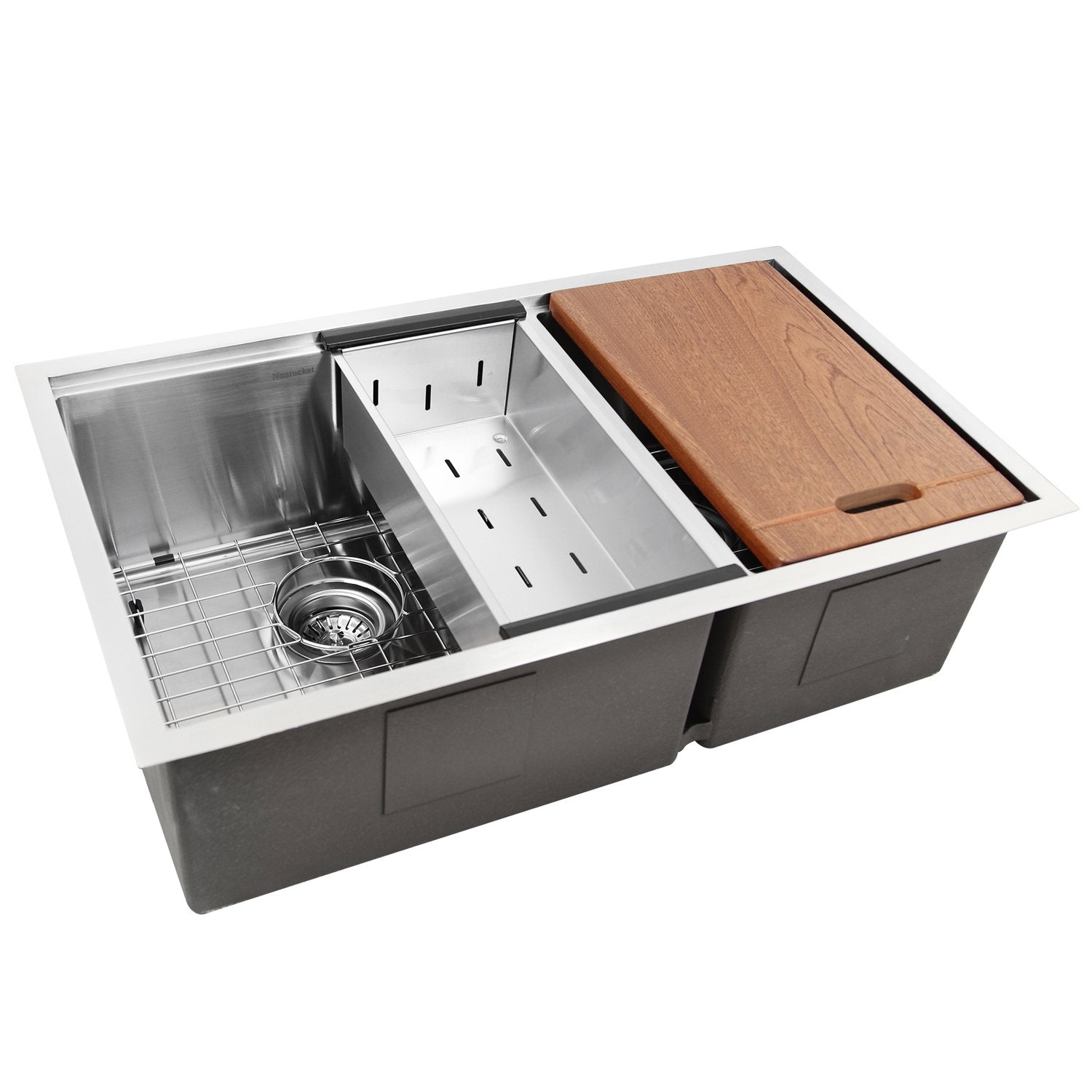 Nantucket Sinks SR-PS-3219-OS-16 Offset Double Bowl Workstation Small Radius Undermount Stainless Sink with Accessories