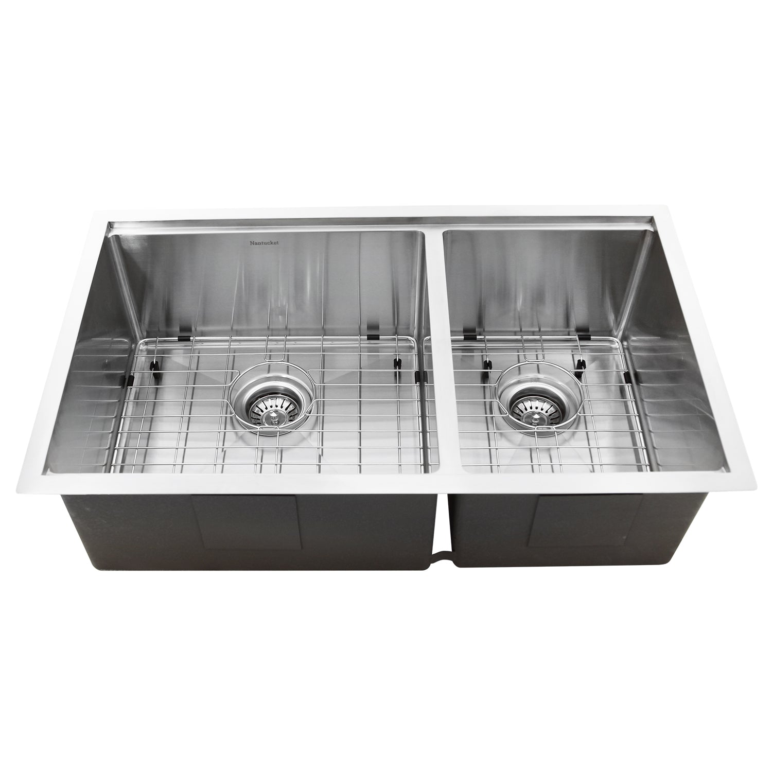 Nantucket Sinks SR-PS-3219-OS-16 Offset Double Bowl Workstation Small Radius Undermount Stainless Sink with Accessories
