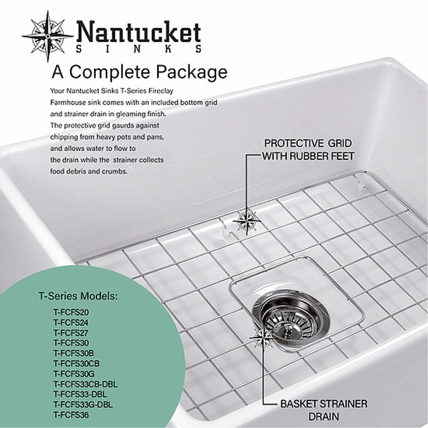 Nantucket Sinks 36" Double Bowl Farmhouse Fireclay Sink with Drains and Grids