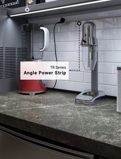 angled power strip for under cabinets shown installed under cabinets powering a blender