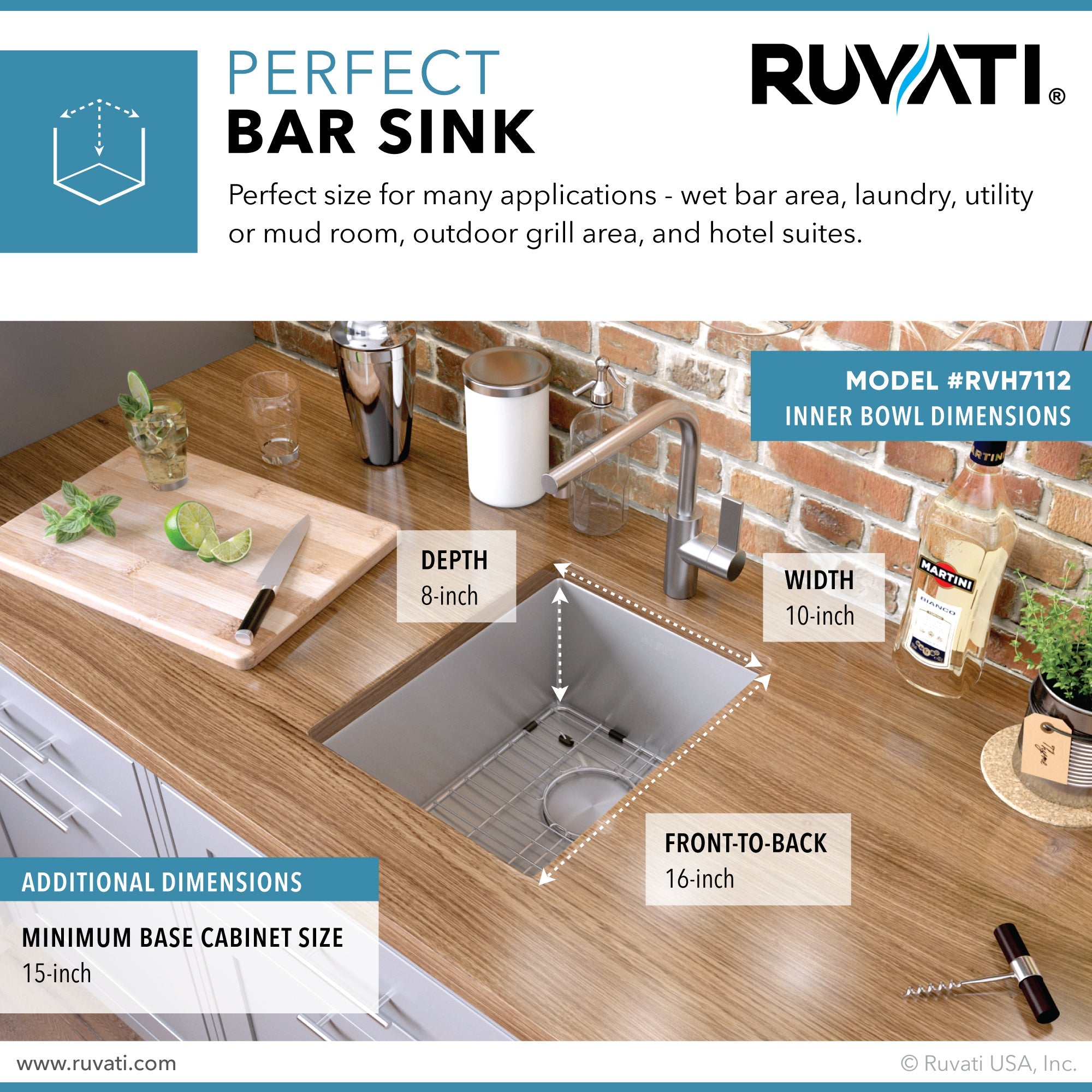 Ruvati 12" Undermount Bar Prep Tight Raduis 16 Gauge Stainless Steel Kitchen Sink