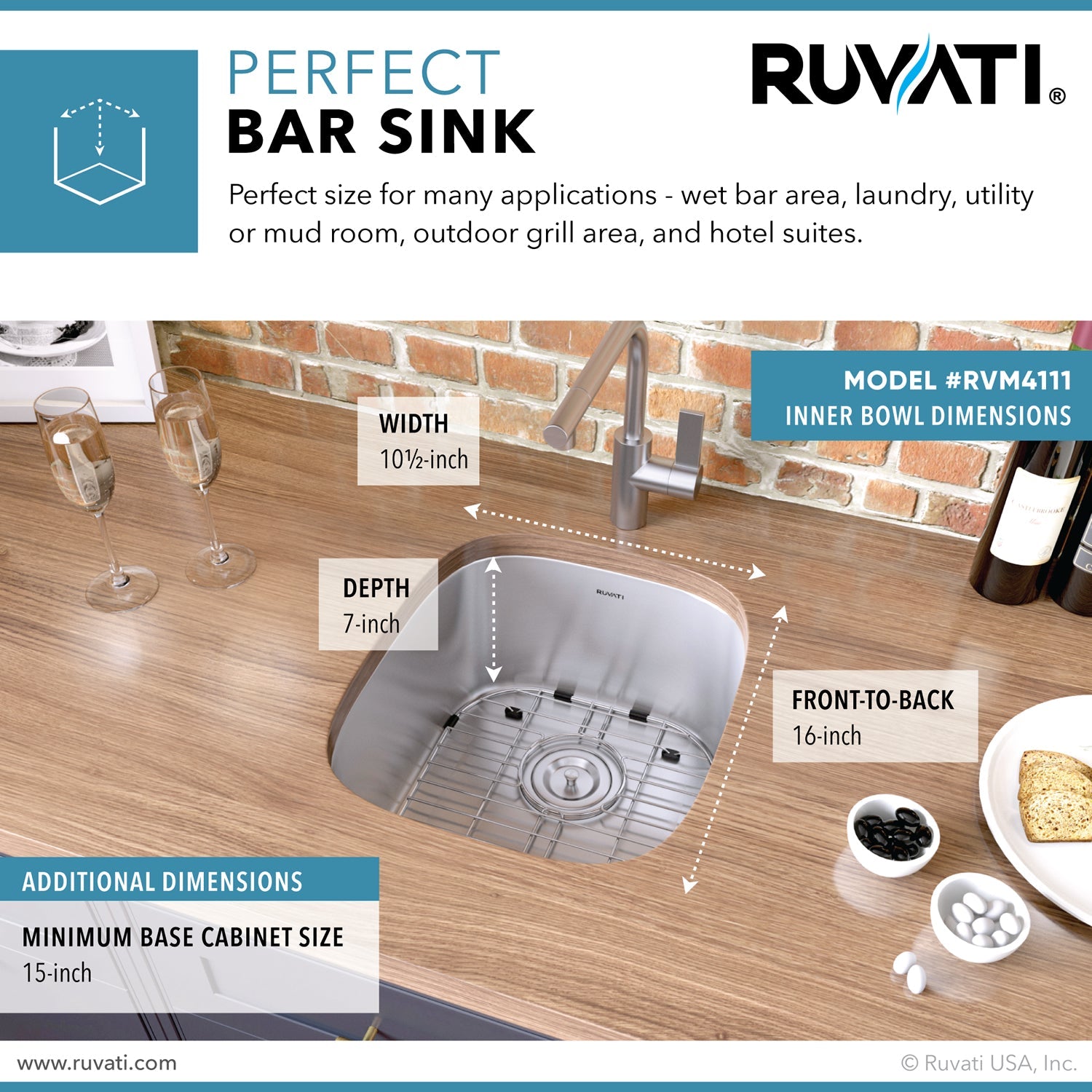 Ruvati 12 x 18" Undermount 16 Gauge Stainless Steel Bar Prep Sink