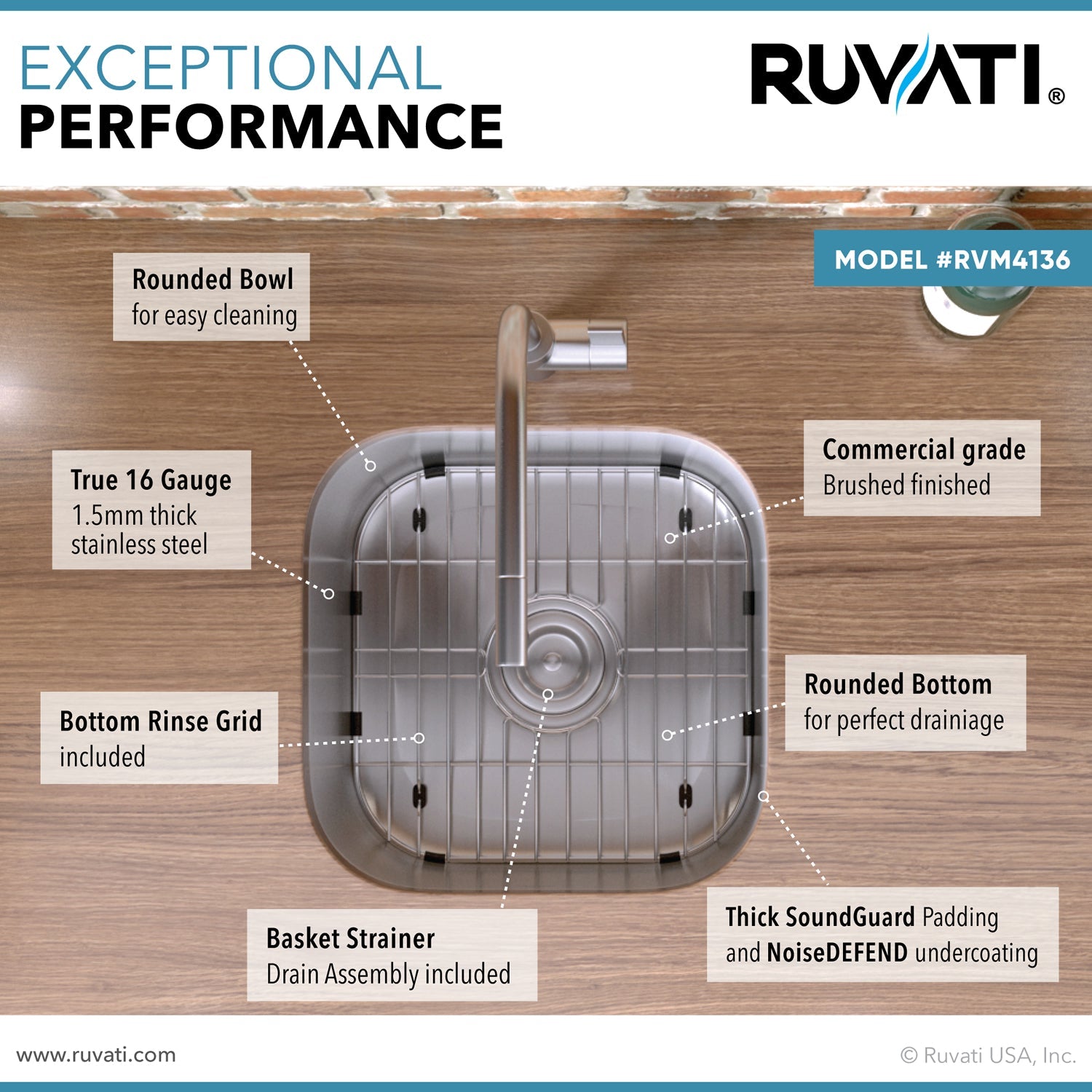 Ruvati 13 x 15" Undermount 16 Gauge Stainless Steel Bar Prep Sink
