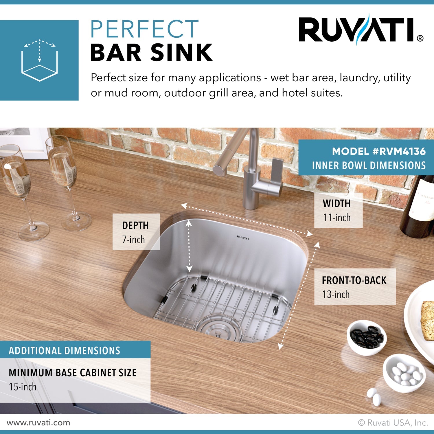 Ruvati 13 x 15" Undermount 16 Gauge Stainless Steel Bar Prep Sink