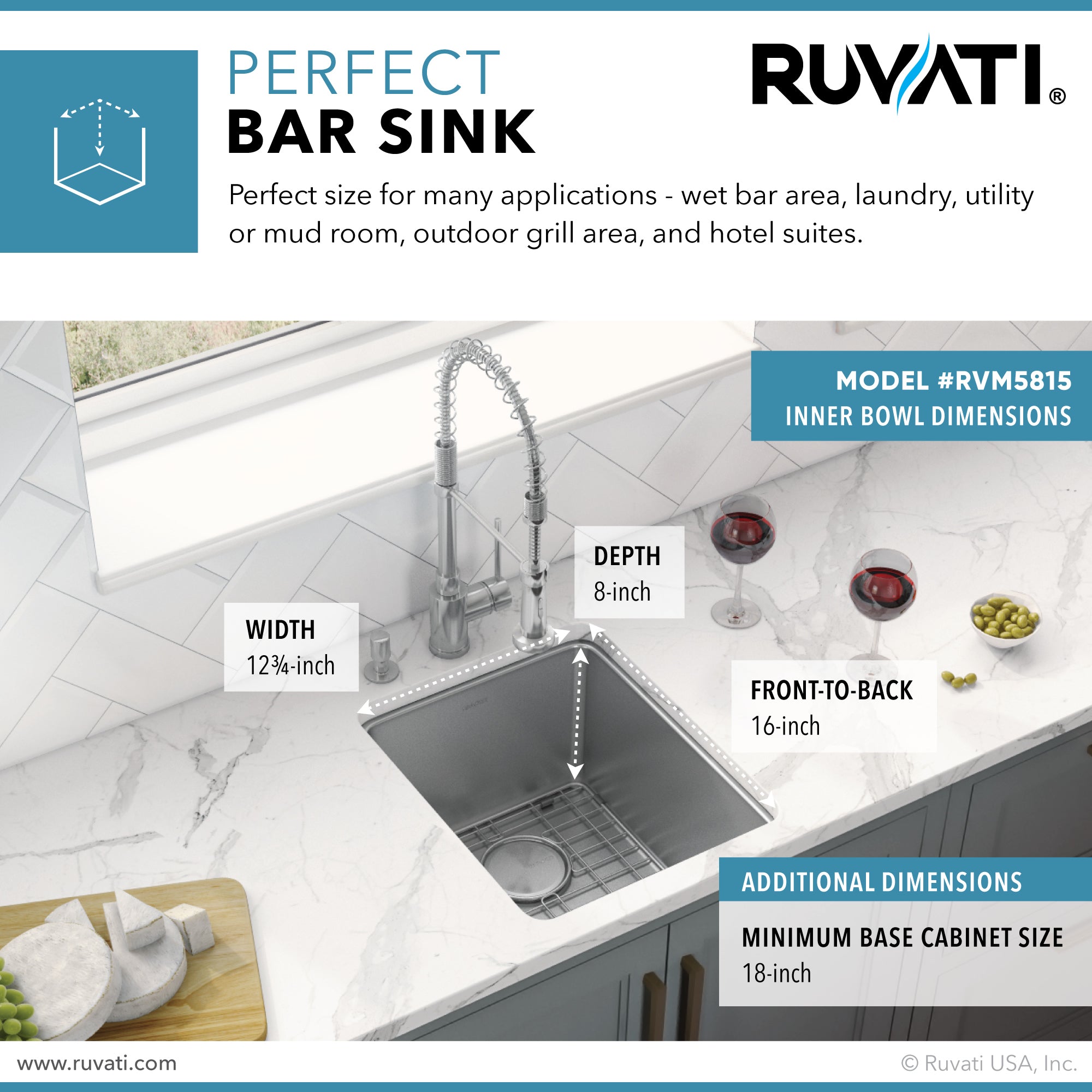 Ruvati 15" Undermount Bar Prep 16 Gauge Stainless Steel Kitchen Sink