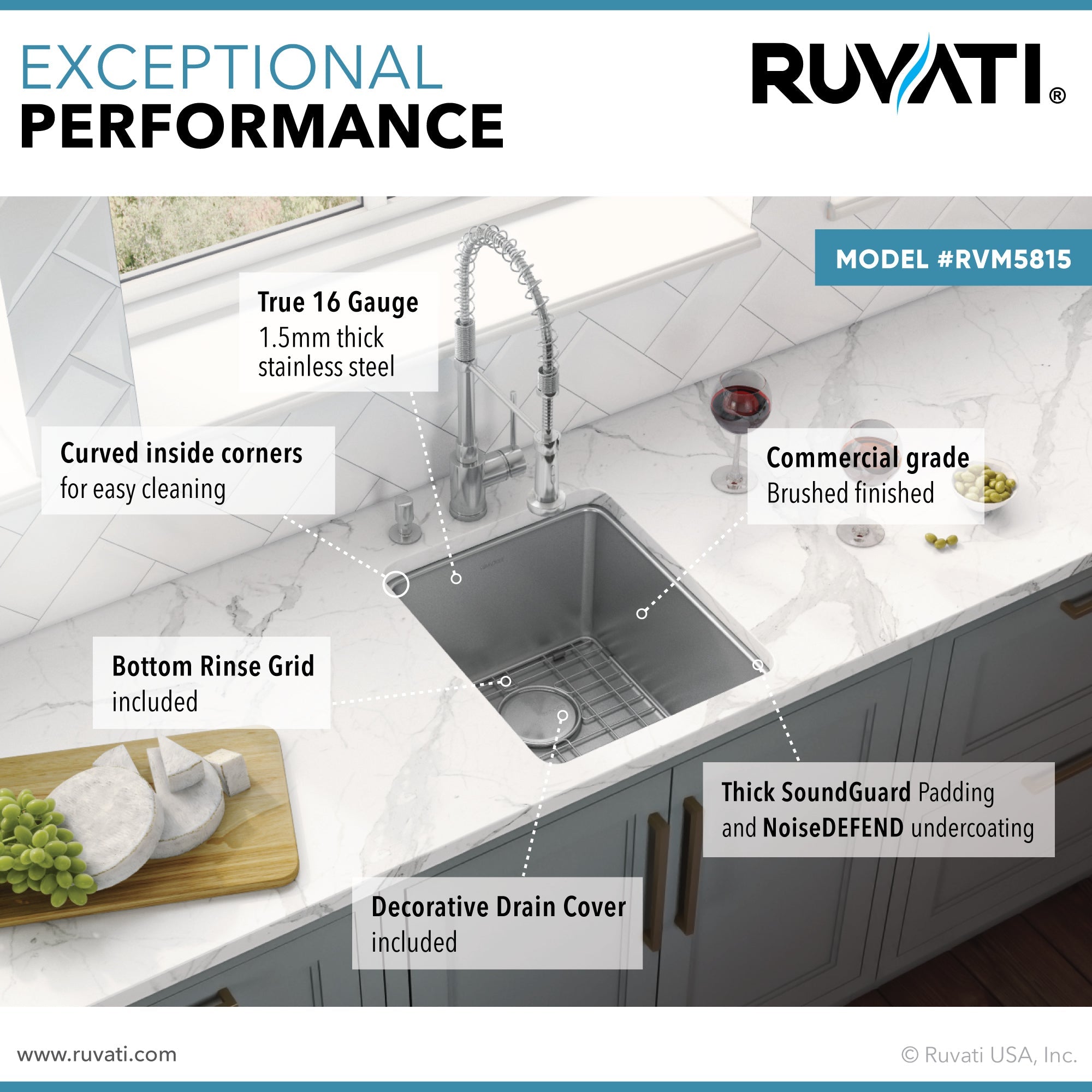 Ruvati 15" Undermount Bar Prep 16 Gauge Stainless Steel Kitchen Sink