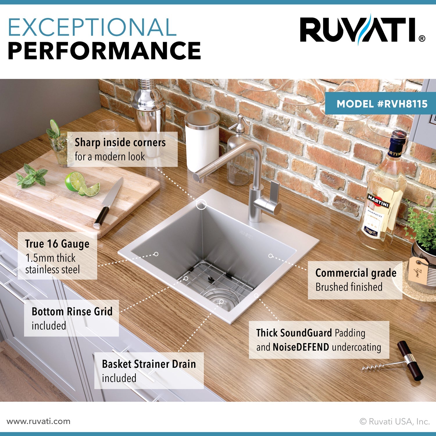 Ruvati 15 x 15" Topmount 16 Gauge Stainless Steel Single Bowl Bar Prep Sink