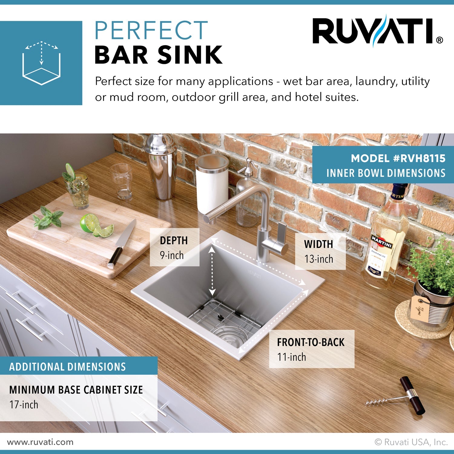 Ruvati 15 x 15" Topmount 16 Gauge Stainless Steel Single Bowl Bar Prep Sink