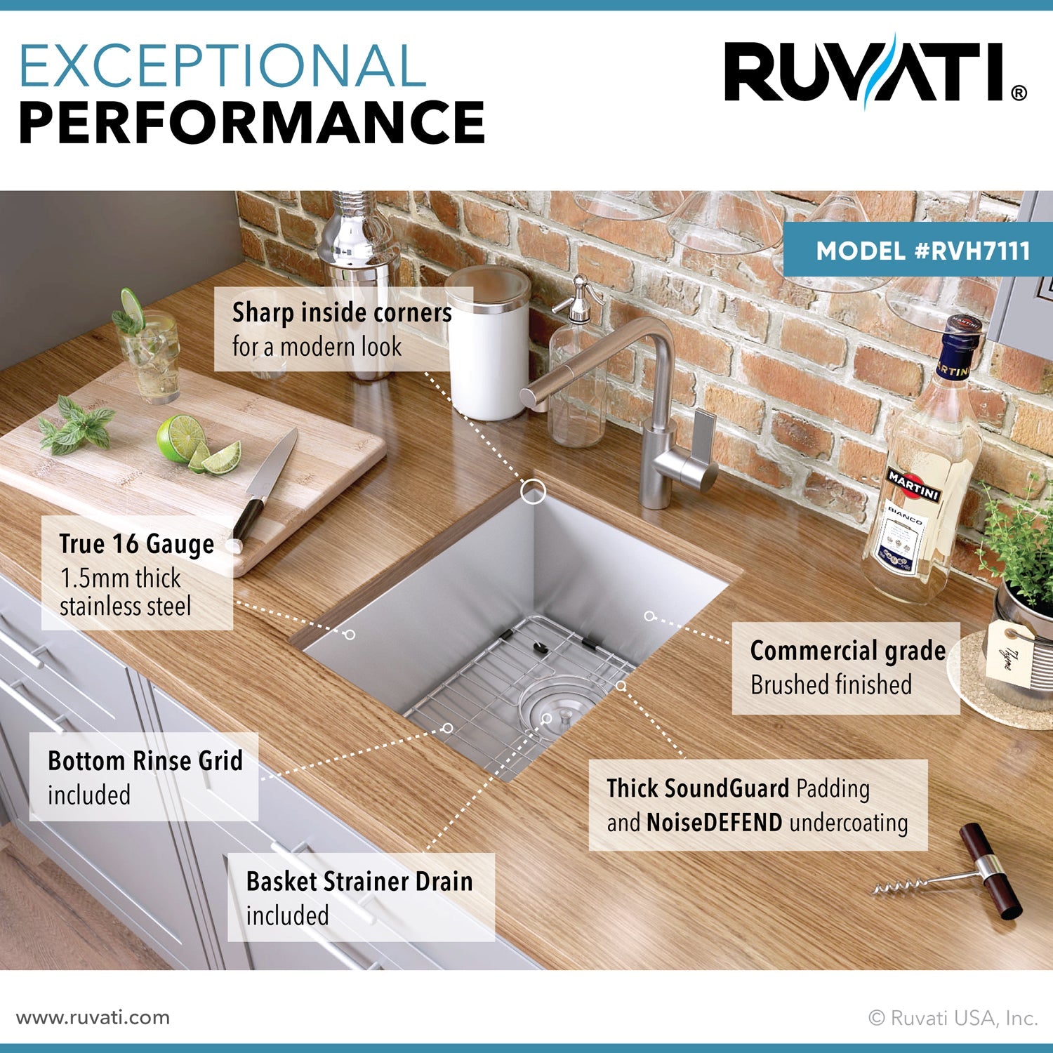 Ruvati 16" Undermount 16 Gauge Zero Radius Stainless Steel Single Bowl Bar Prep Sink