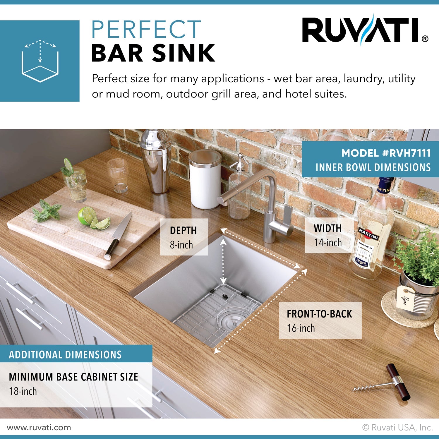 Ruvati 16" Undermount 16 Gauge Zero Radius Stainless Steel Single Bowl Bar Prep Sink