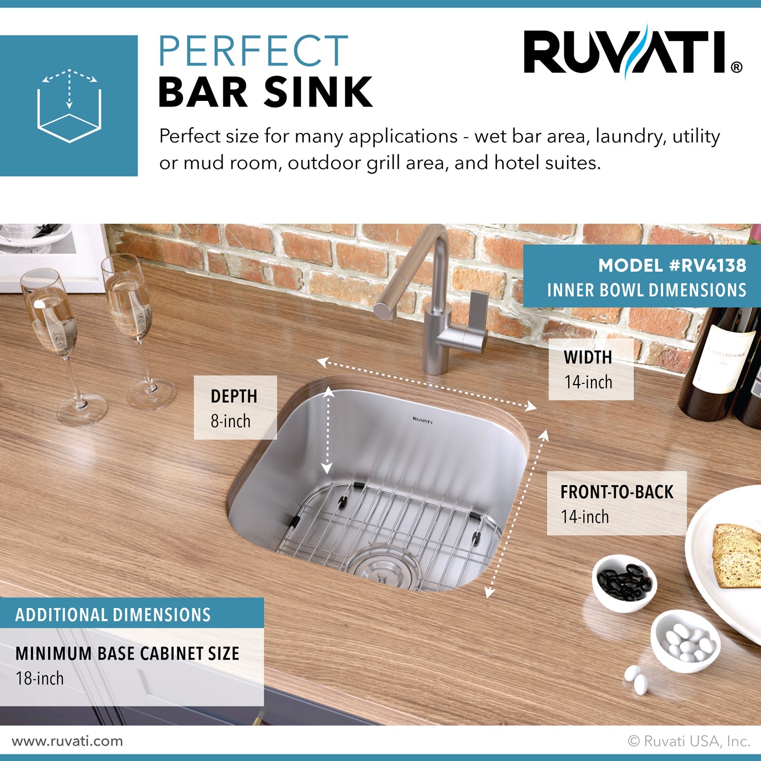 Ruvati 16 x 16" Undermount 16 Gauge Stainless Steel Bar Prep Sink
