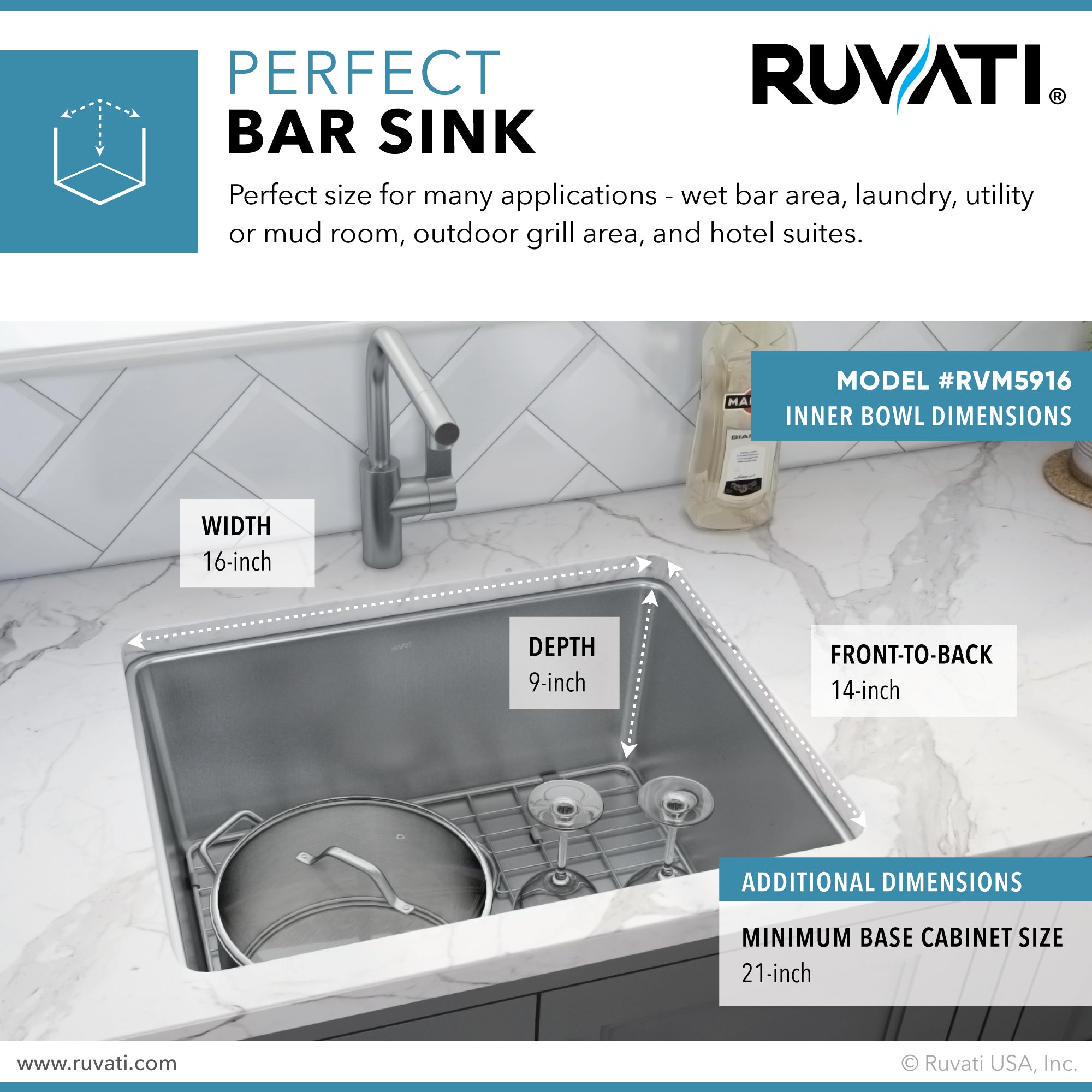 Ruvati 18" Undermount Bar Prep 16 Gauge Stainless Steel Kitchen Sink