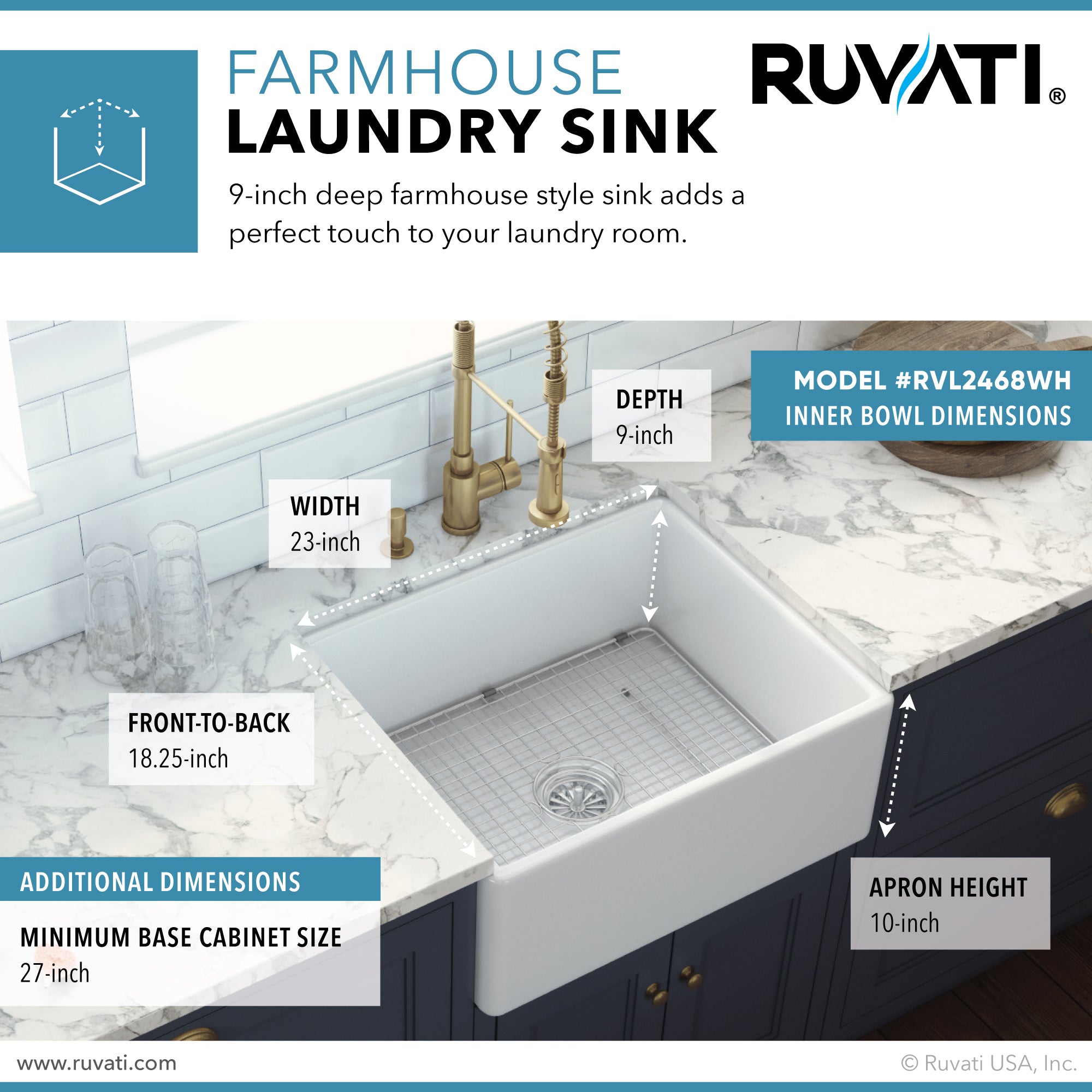 Ruvati 23" Fireclay Farmhouse Kitchen Laundry Utility Sink Single Bowl in White