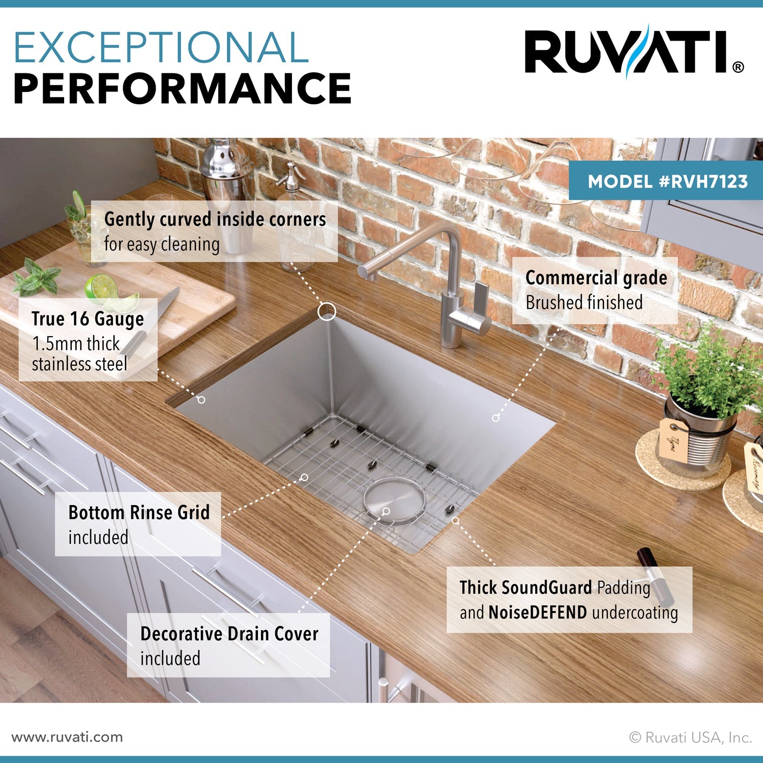 Ruvati 23" Undermount 16 Gauge Single Bowl Kitchen Sink