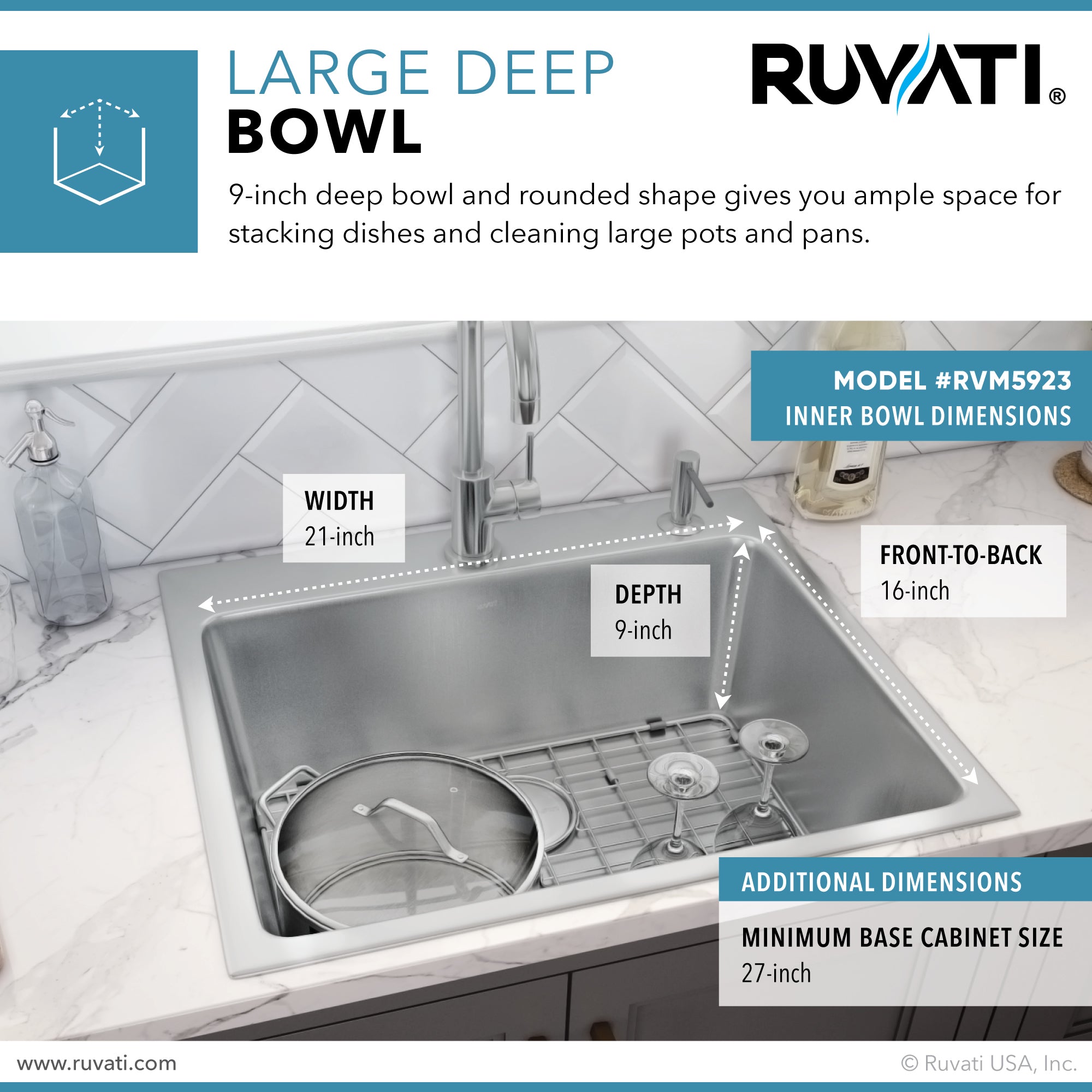 Ruvati 23" x 20" Topmount 16 Gauge Stainless Steel Kitchen Sink