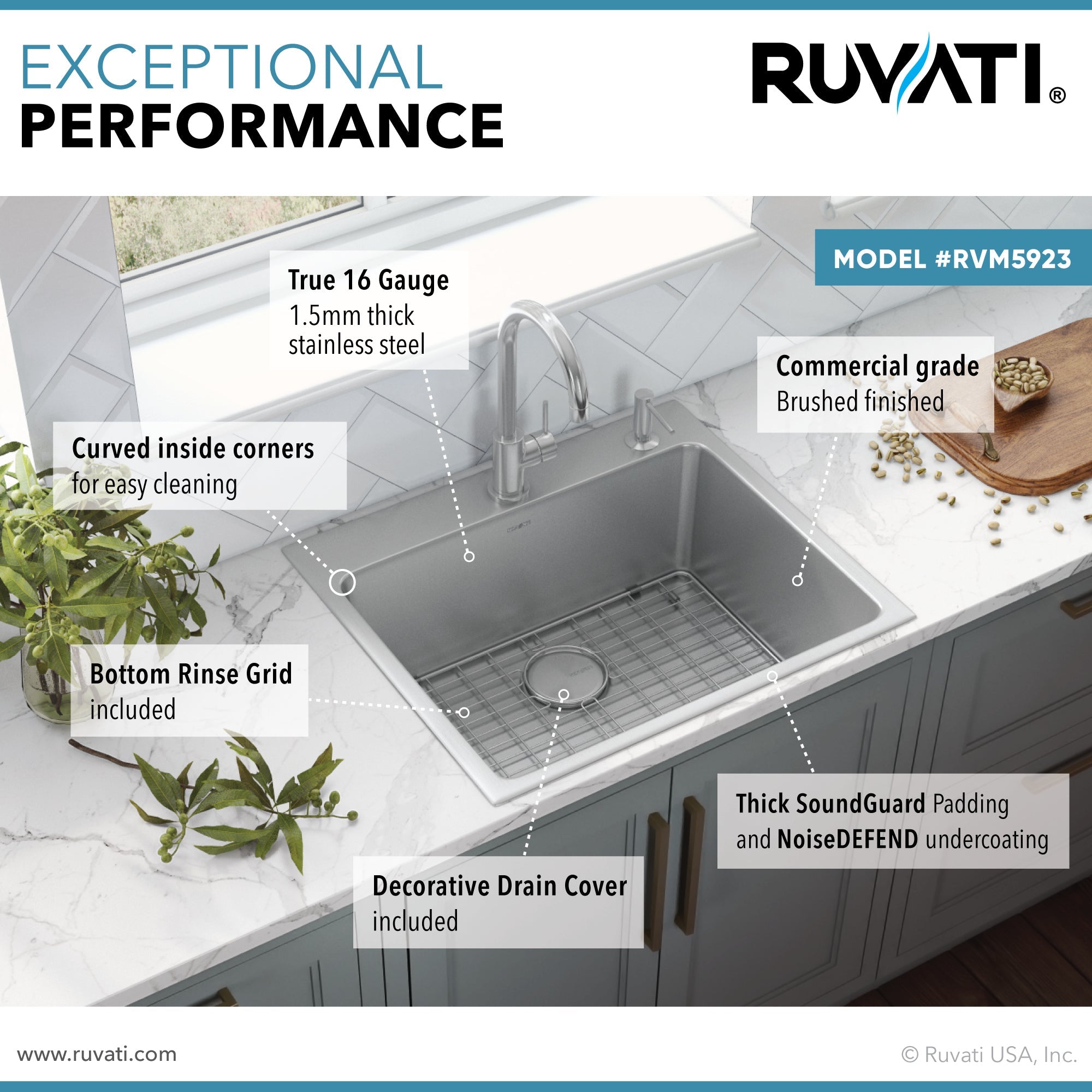 Ruvati 23" x 20" Topmount 16 Gauge Stainless Steel Kitchen Sink