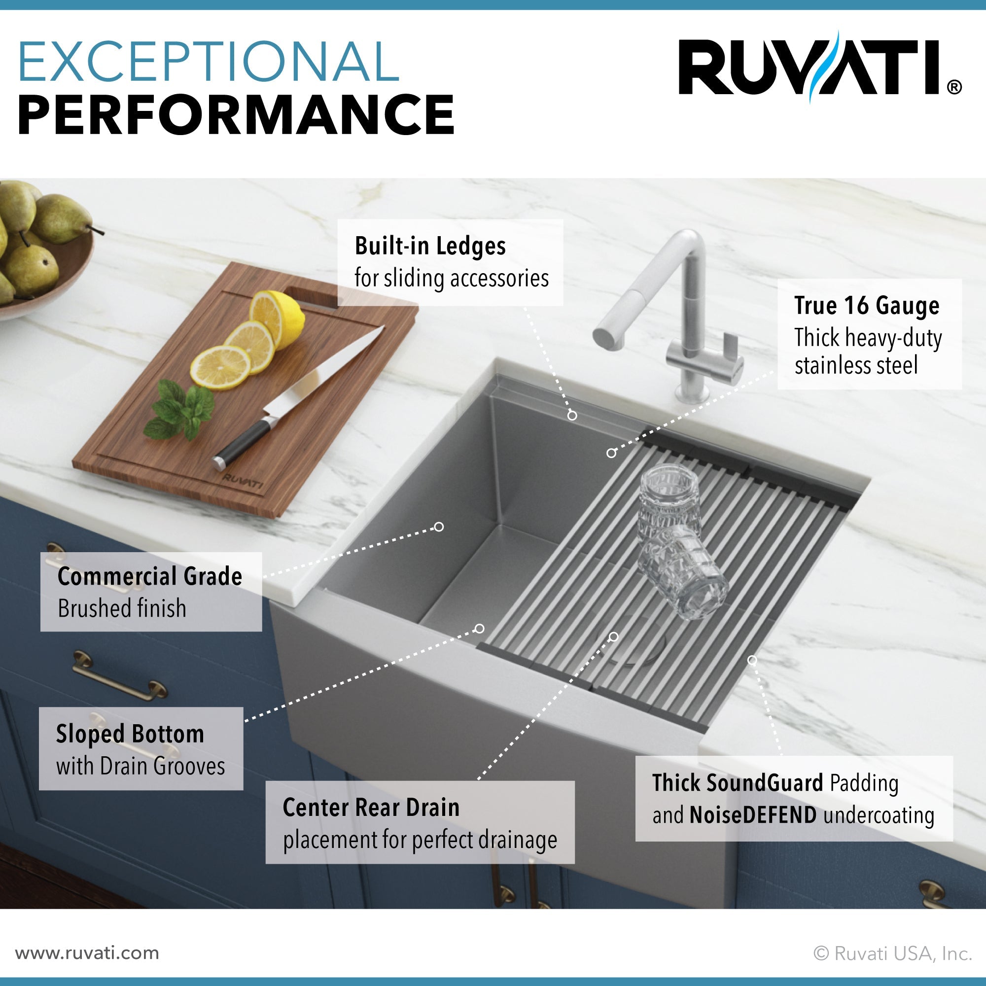 Ruvati 24" Apron-front Workstation Farmhouse 16 Gauge Stainless Steel Single Bowl Kitchen Sink
