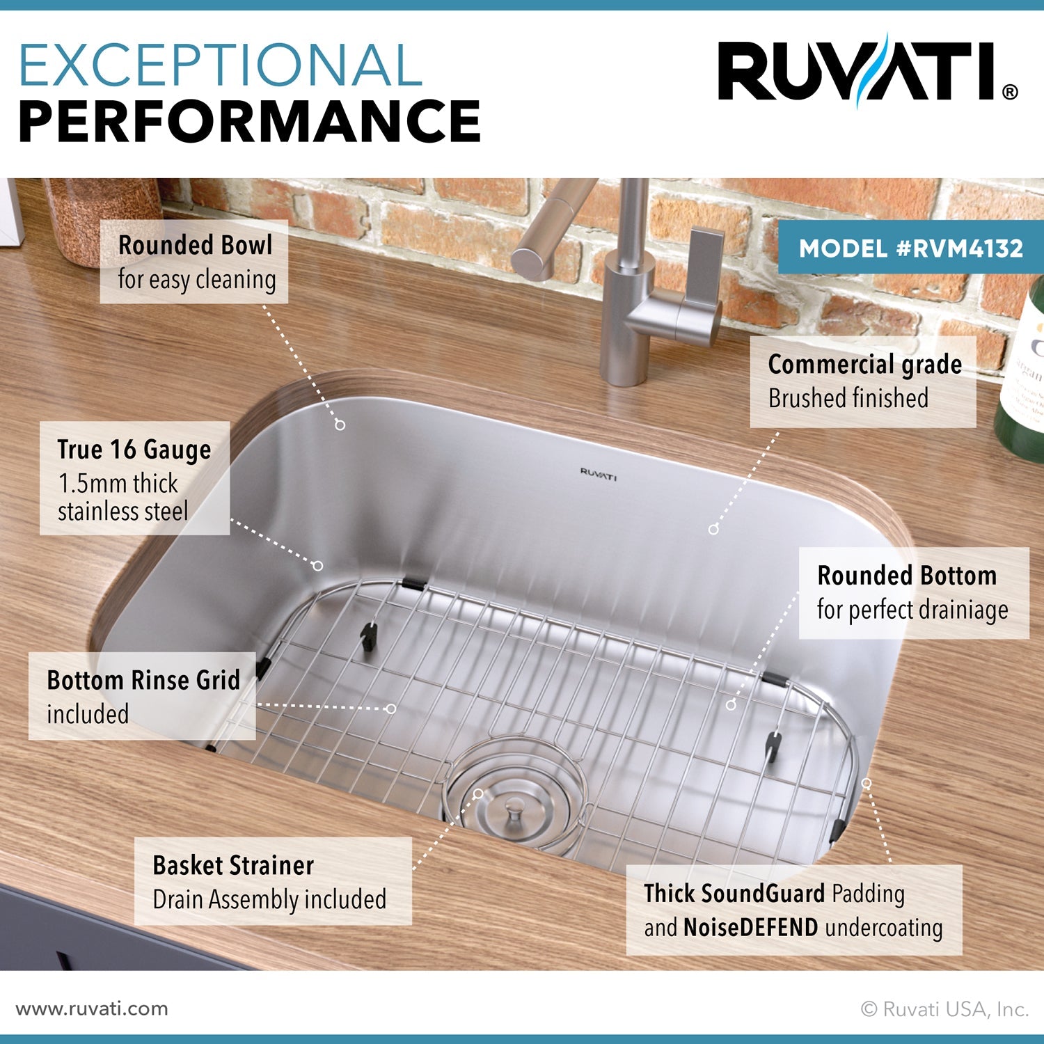Ruvati 24" Undermount 16 Gauge Stainless Steel Single Bowl Kitchen Sink