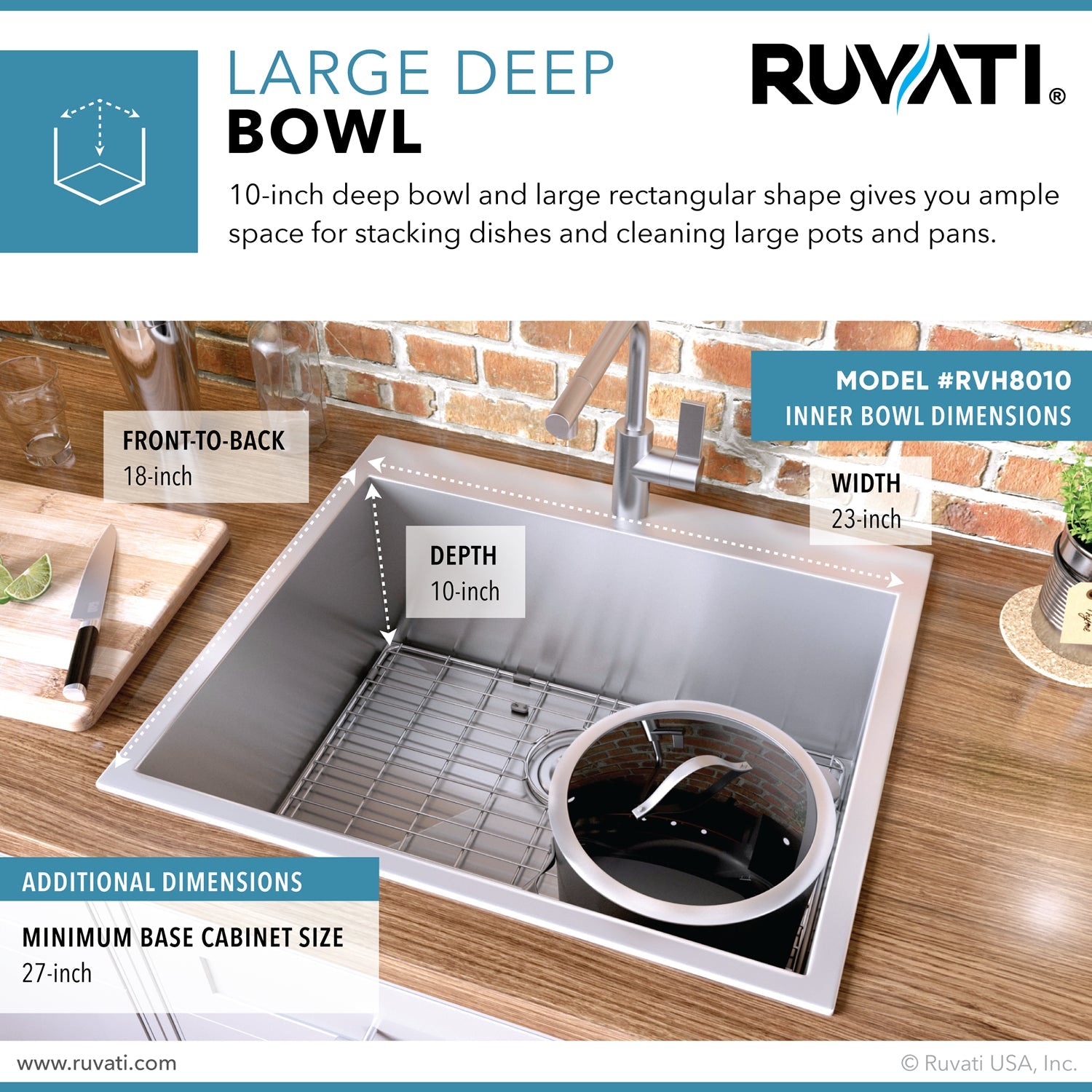 Ruvati 25" Drop-in Topmount 16 Gauge Stainless Steel Single Bowl Kitchen Sink