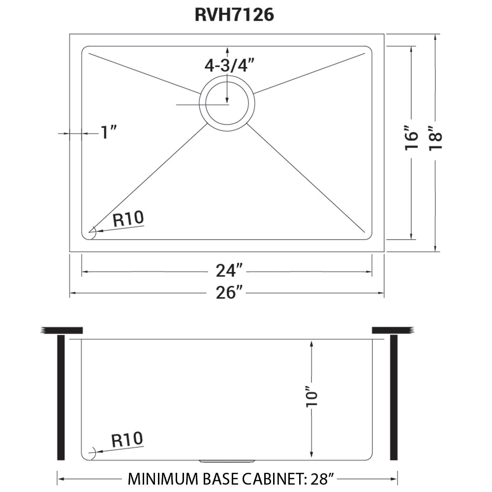 Ruvati 26" Undermount 16 Gauge Single Bowl Kitchen Sink