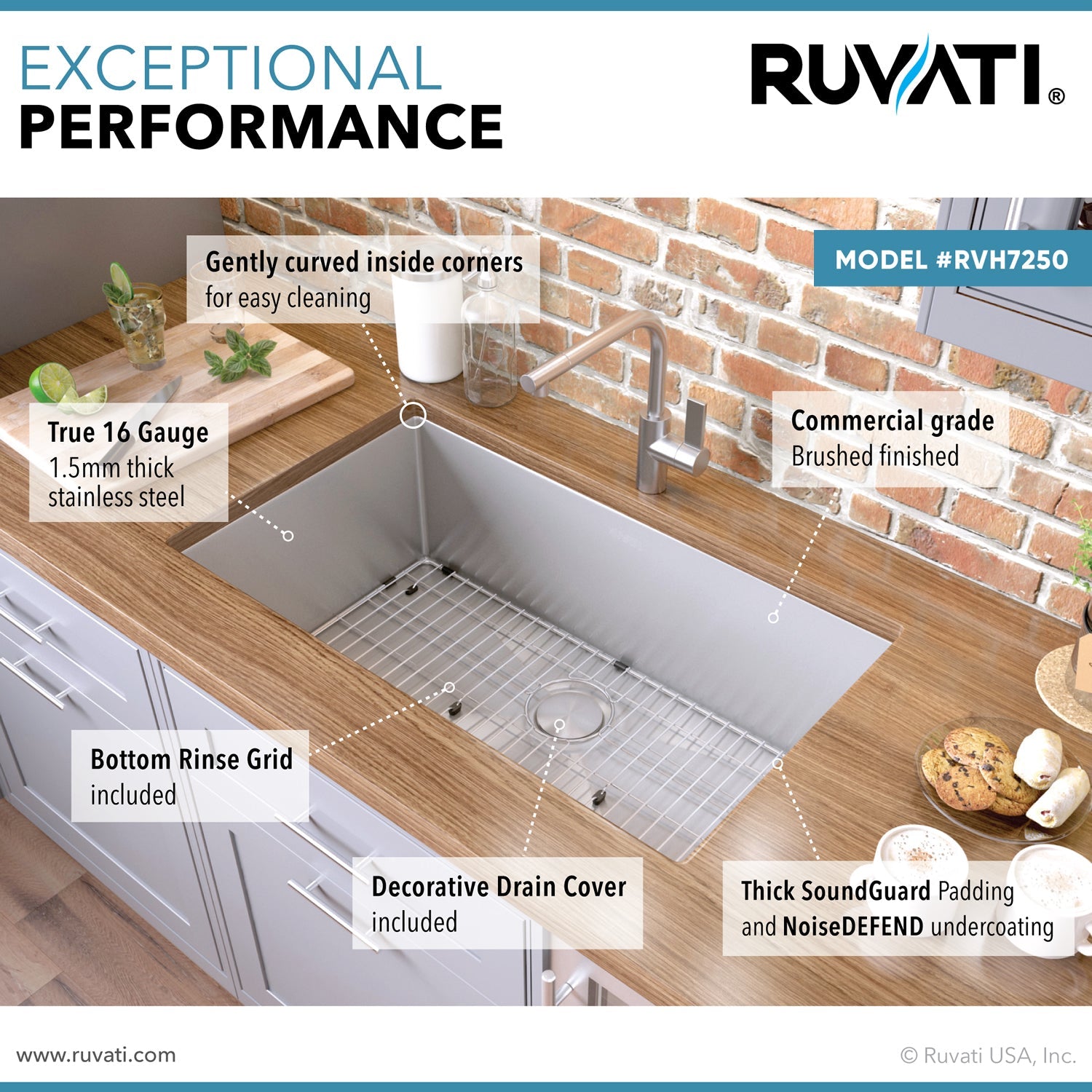 Ruvati 26" Undermount 16 Gauge Single Bowl Kitchen Sink