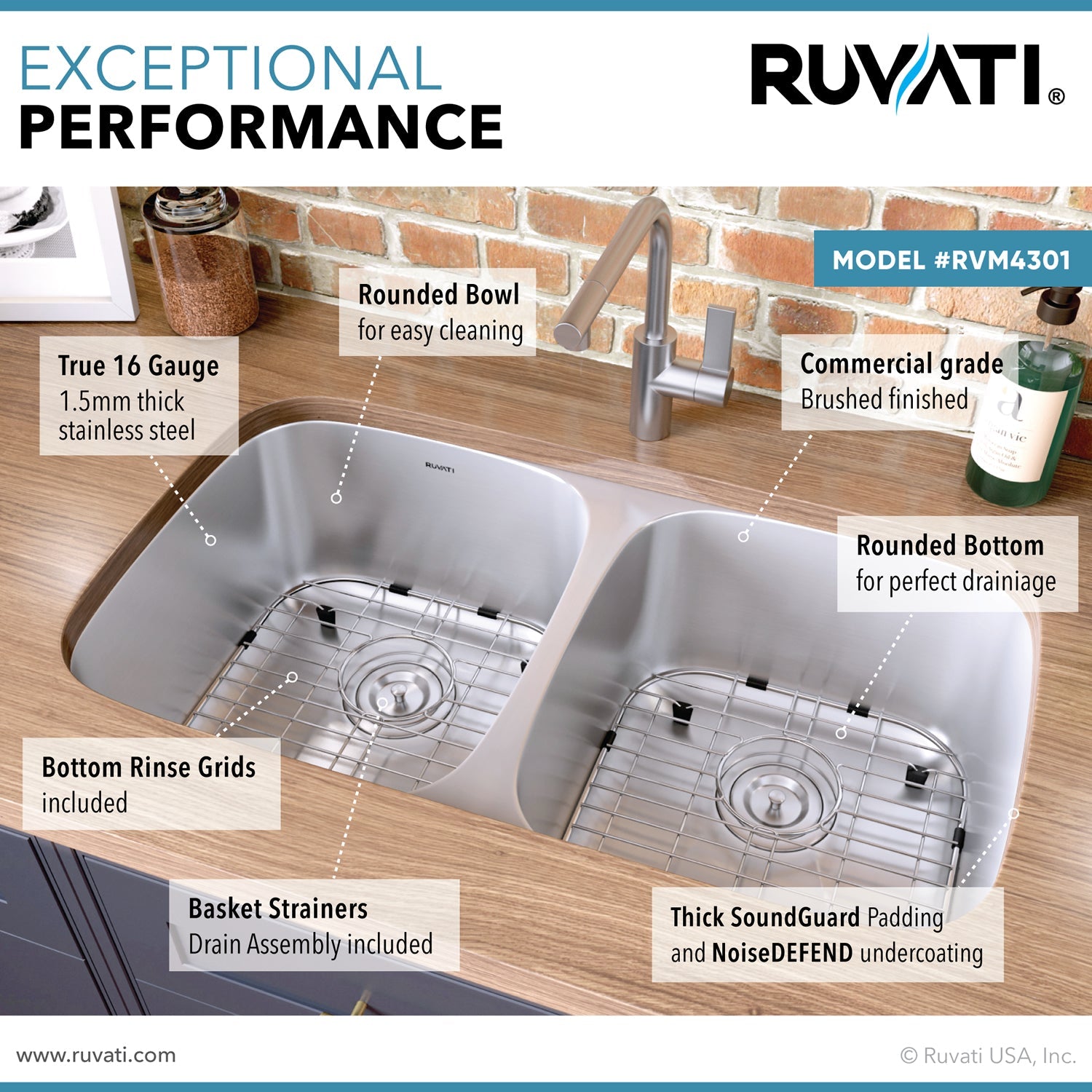 Ruvati 29" Undermount 50/50 Double Bowl 16 Gauge Stainless Steel Kitchen Sink