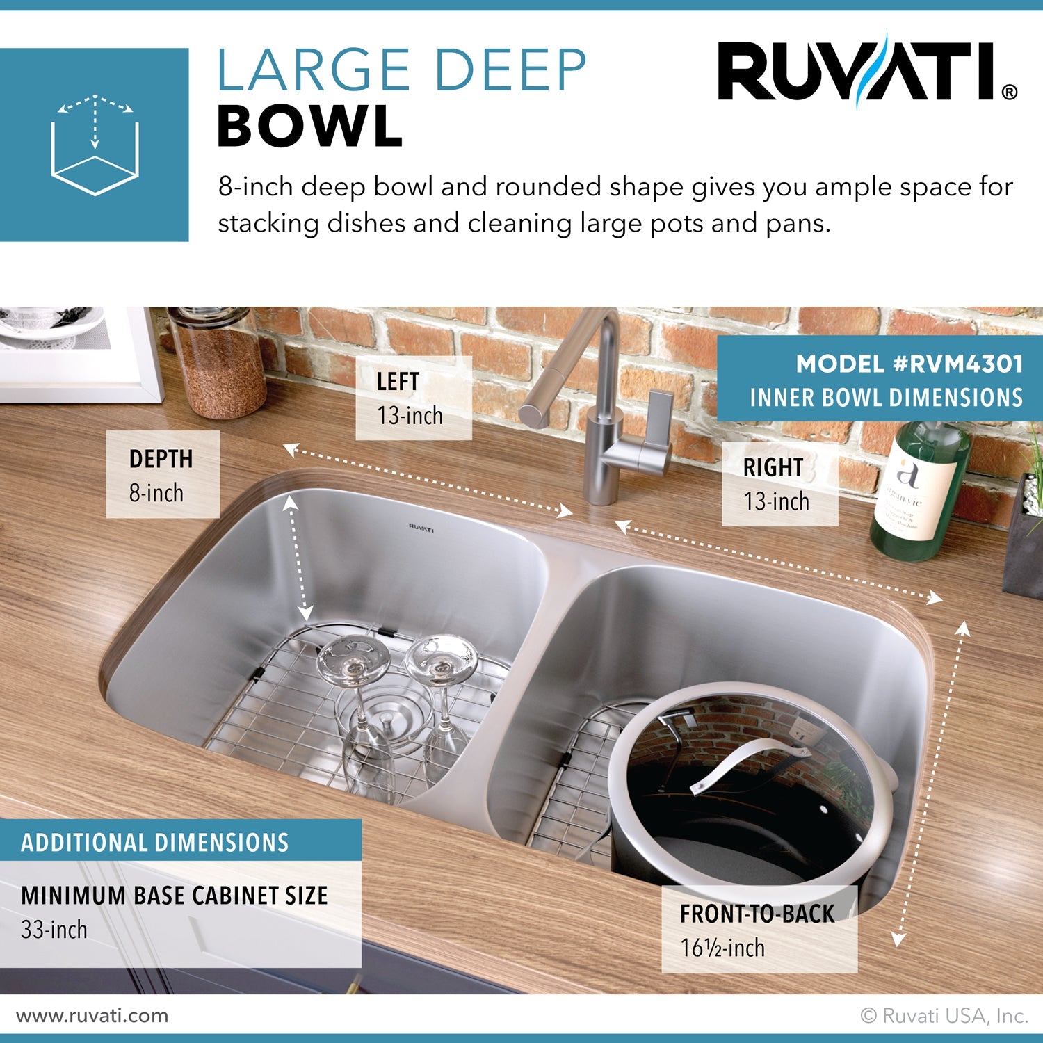 Ruvati 29" Undermount 50/50 Double Bowl 16 Gauge Stainless Steel Kitchen Sink
