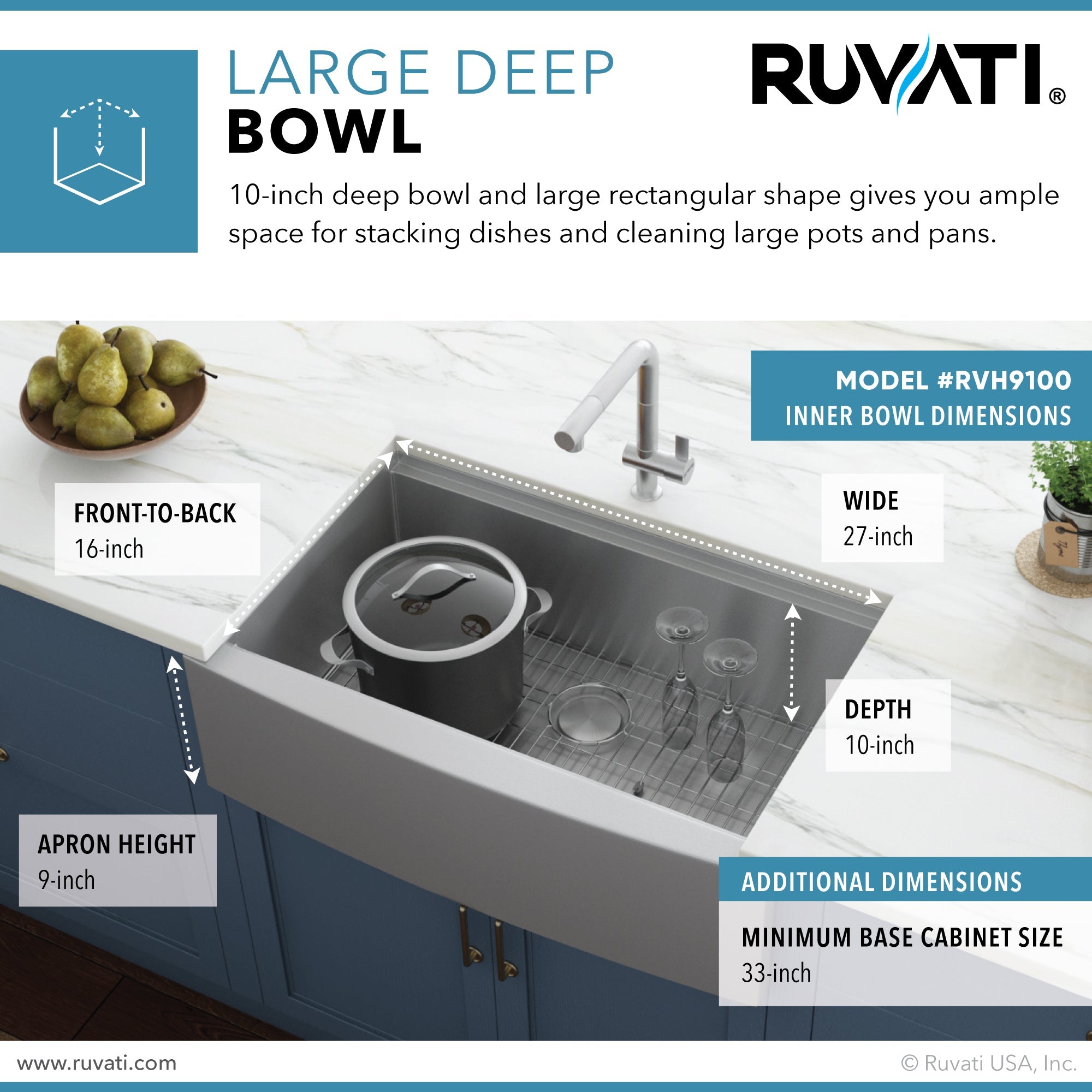 Ruvati 30" Farmhouse Single Bowl Stainless Workstation Kitchen Sink