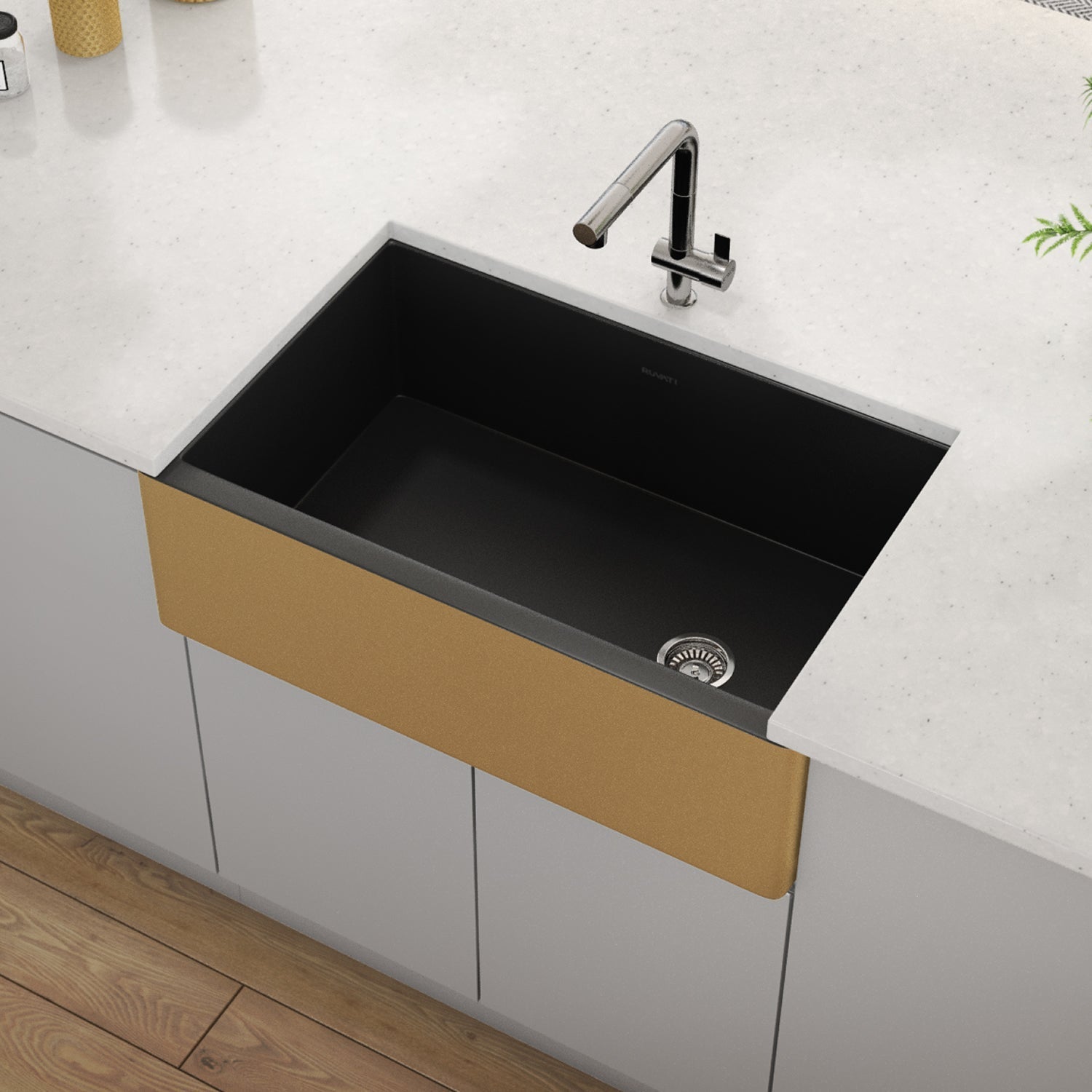 Ruvati 30" Matte Black Fireclay Farmhouse Kitchen Sink with Brushed Gold Apron