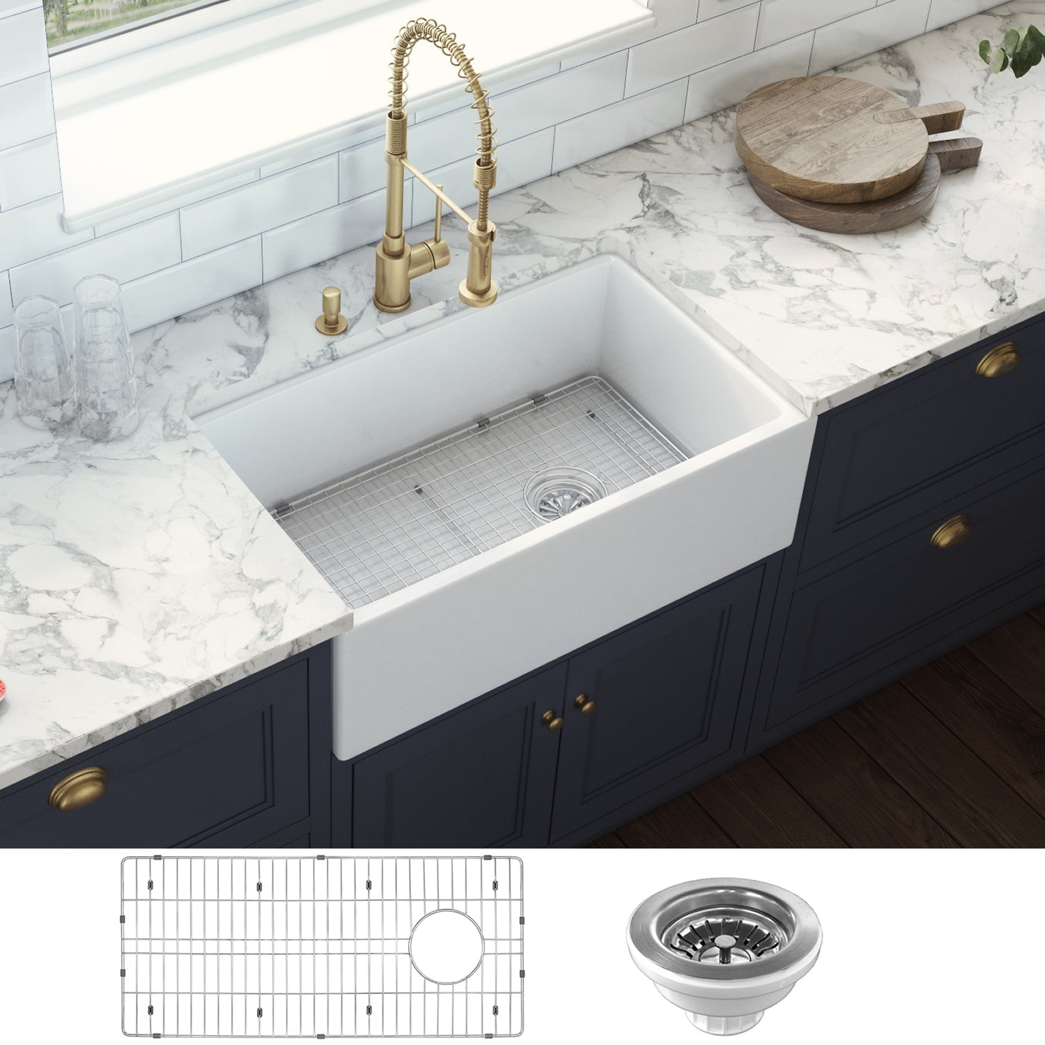 Ruvati 30" Fireclay Farmhouse Offset Drain Single Bowl Kitchen Sink White