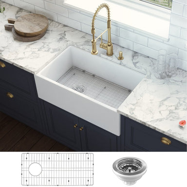 Ruvati 30" Fireclay Farmhouse Offset Drain Single Bowl Kitchen Sink White with Left Drain RVL2018WL