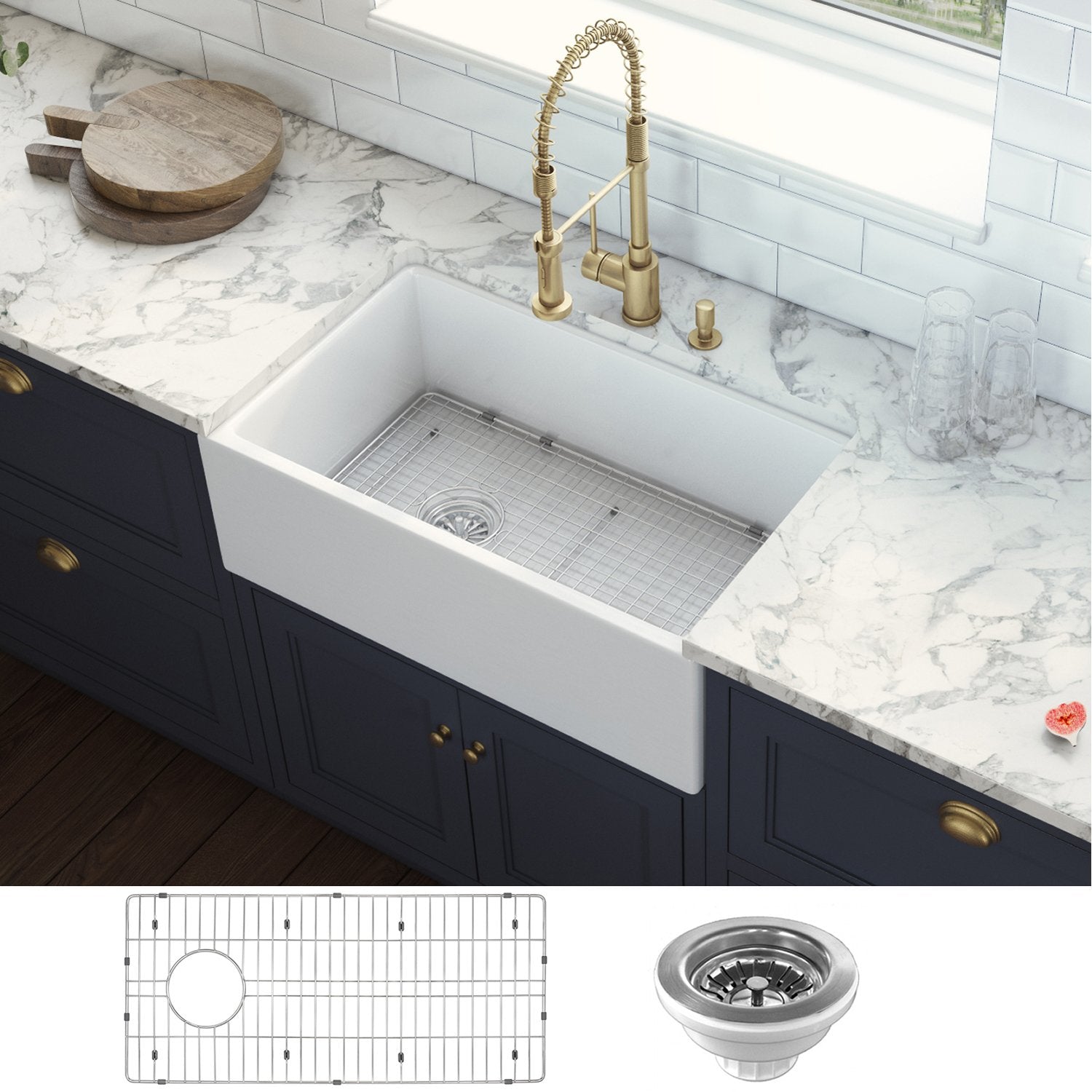Ruvati 30" Fireclay Farmhouse Offset Drain Single Bowl Kitchen Sink White