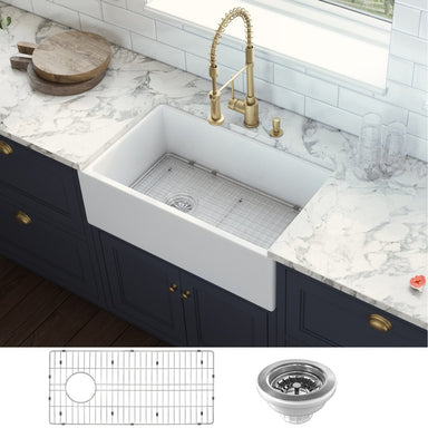 Ruvati 30" Fireclay Farmhouse Offset Drain Single Bowl Kitchen Sink White
