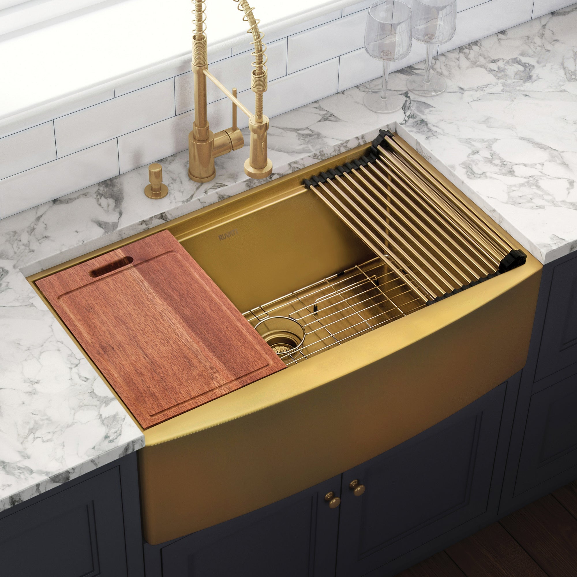 Ruvati 30" Matte Gold Workstation Apron Front Stainless Steel Kitchen Sink