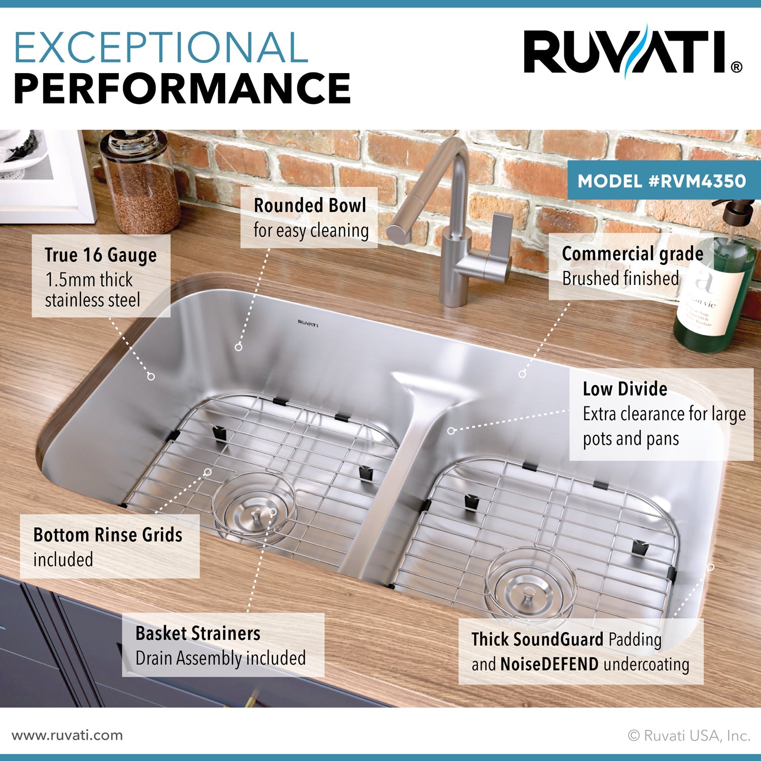 Ruvati 32 quot Low Divide 50/50 Double Bowl Undermount 16 Gauge Stainless