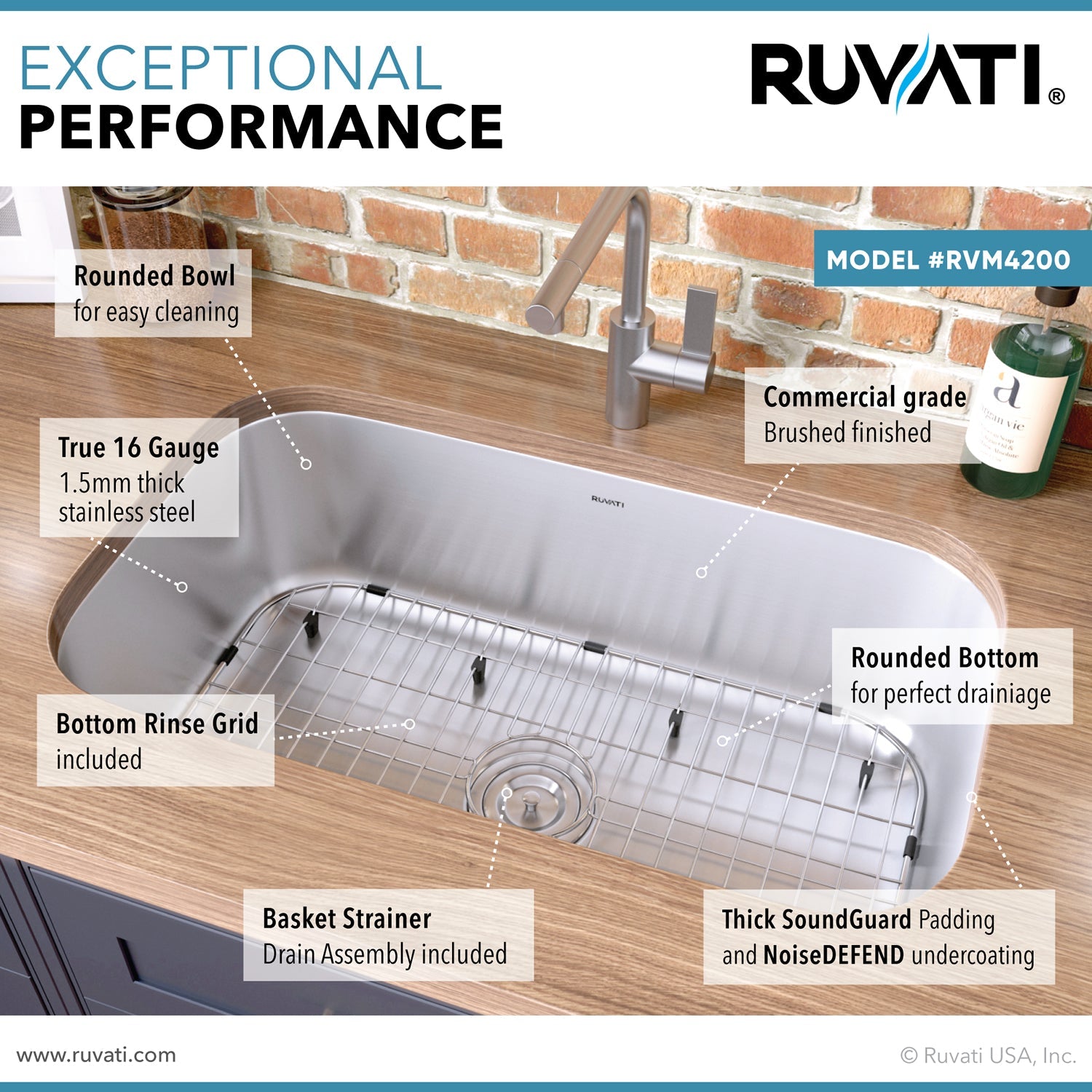 Ruvati 32" Undermount 16 Gauge Stainless Steel Single Bowl Kitchen Sink