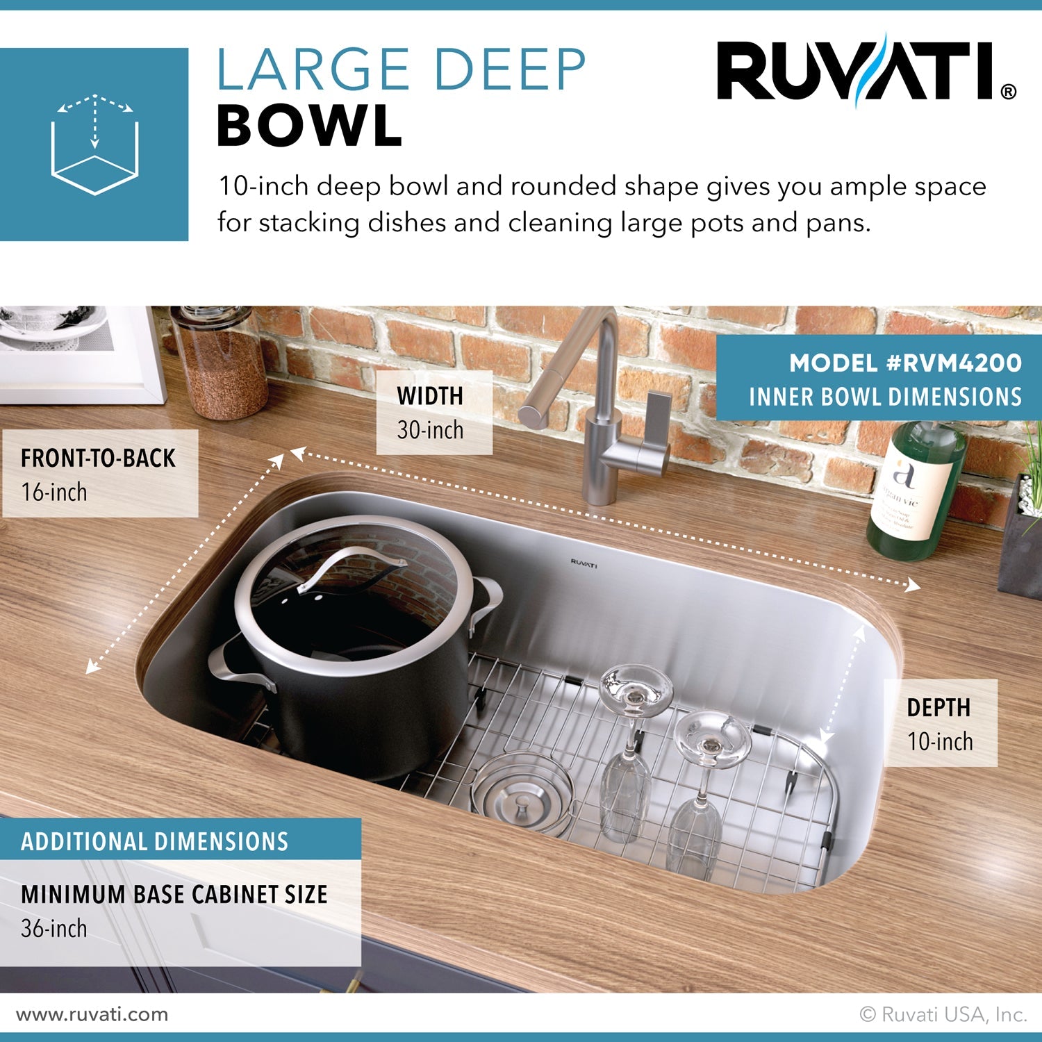 Ruvati 32" Undermount 16 Gauge Stainless Steel Single Bowl Kitchen Sink