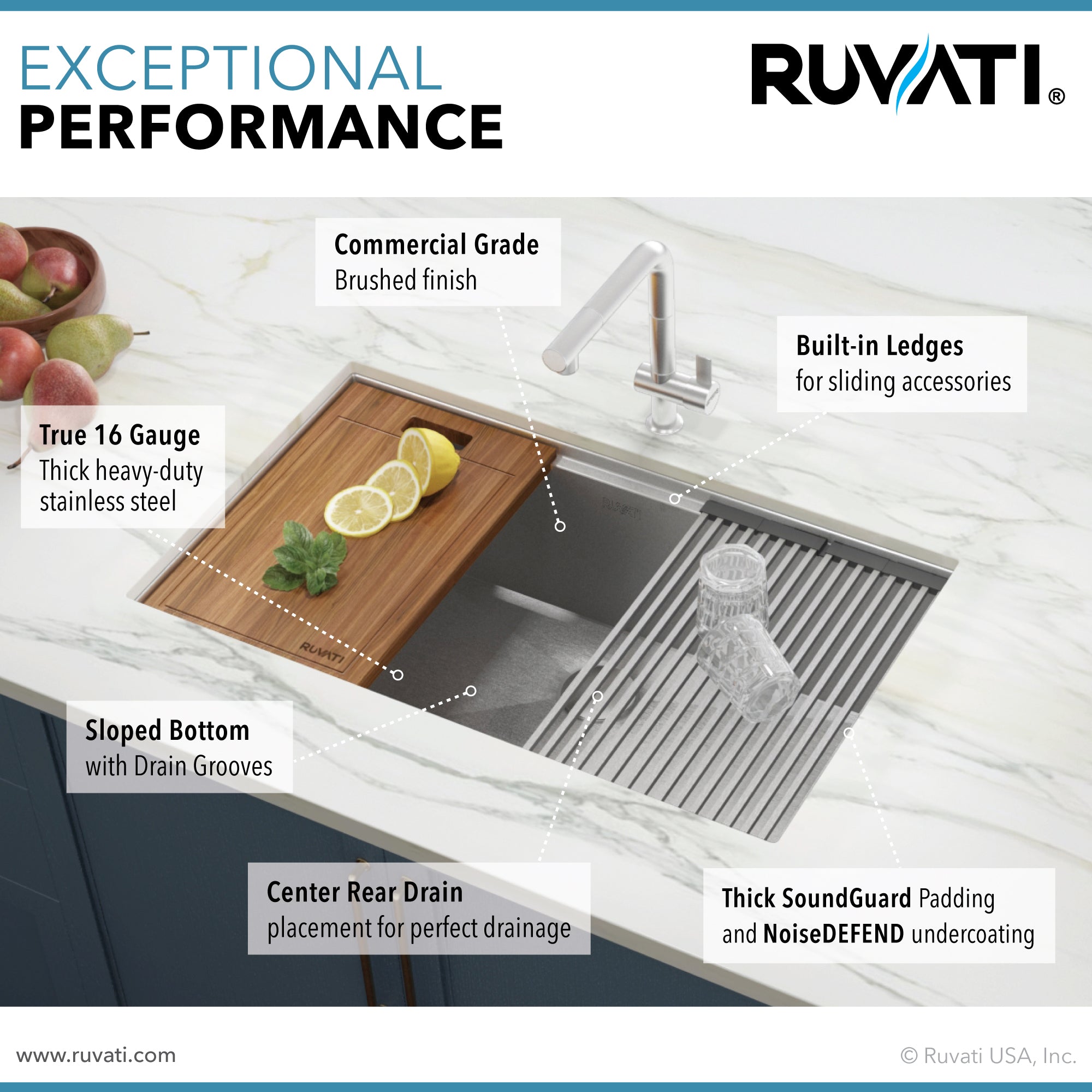 Ruvati 32" Undermount 16 Gauge Workstation Stainless Steel Kitchen Sink - RVH8300