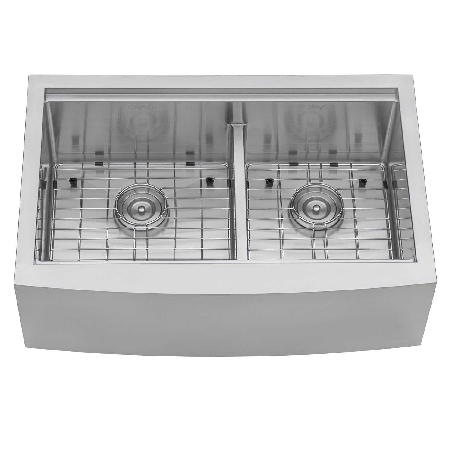 Ruvati 33" Apron-front Workstation Low-Divide Double Bowl 60/40 Farmhouse 16 Gauge Stainless Steel Kitchen Sink