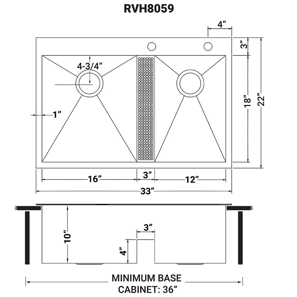 Ruvati 33" Drop-in Low Platform-Divide Zero Radius 60/40 Double Bowl 16 Gauge Topmount Kitchen Sink