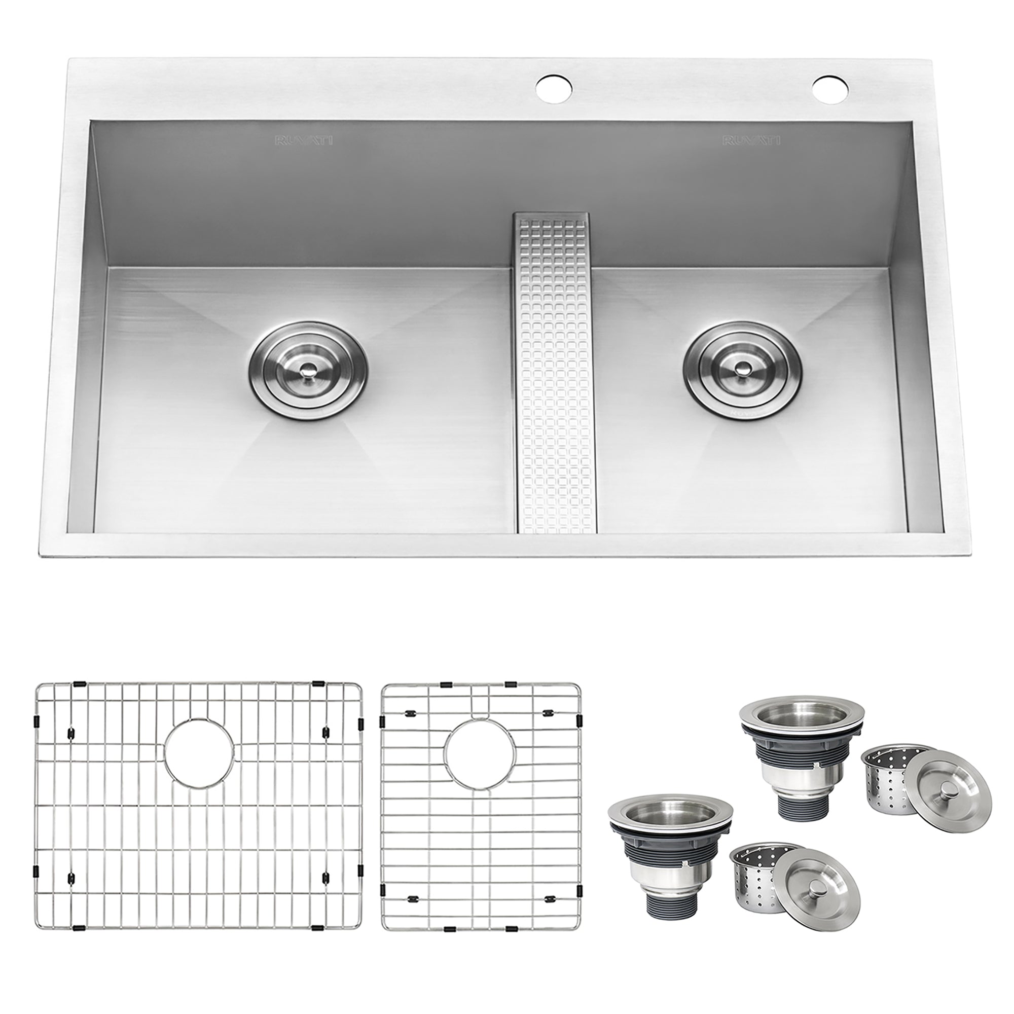 Ruvati 33" Drop-in Low Platform-Divide Zero Radius 60/40 Double Bowl 16 Gauge Topmount Kitchen Sink