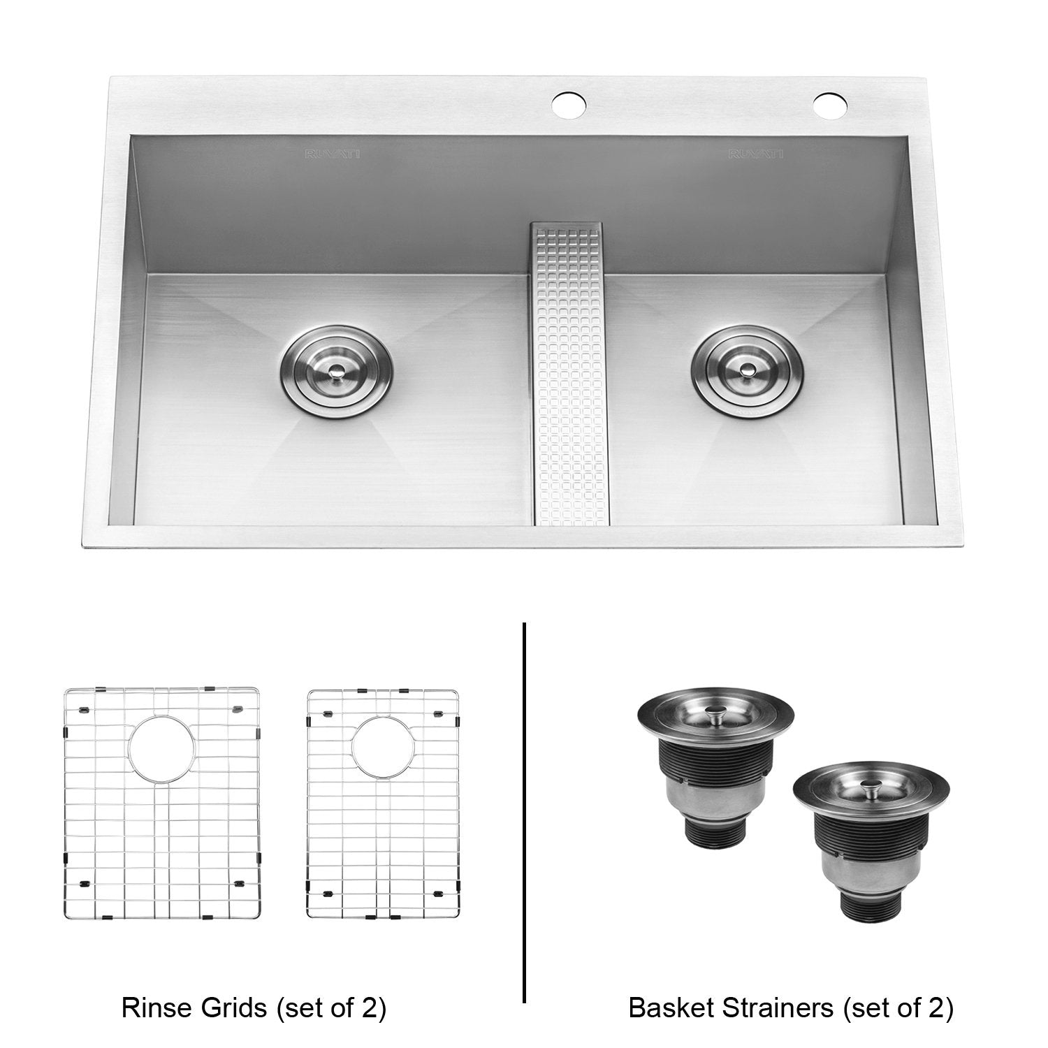 Ruvati 33" Drop-in Low Platform-Divide Zero Radius 60/40 Double Bowl 16 Gauge Topmount Kitchen Sink