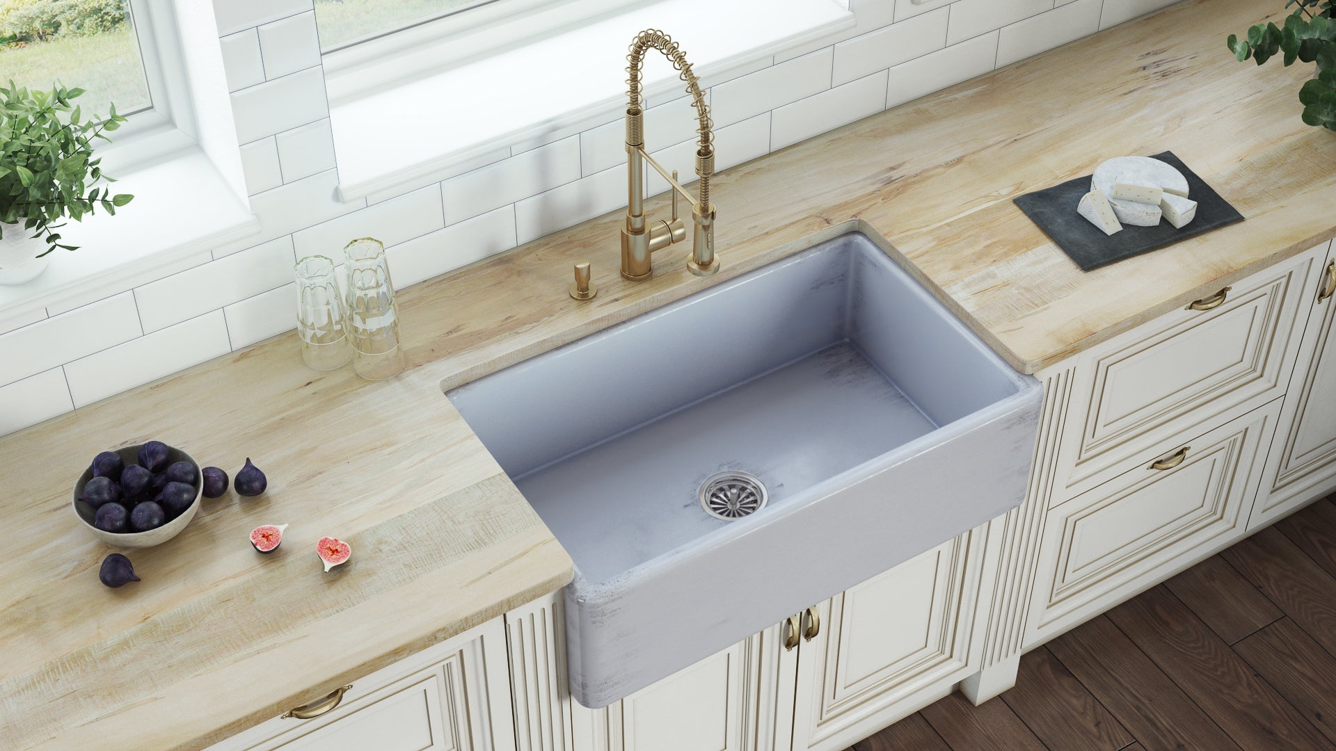 Ruvati 33" Fireclay Distressed Finish Farmhouse Apron-Front Kitchen Sink Reversible - Coastal Blue